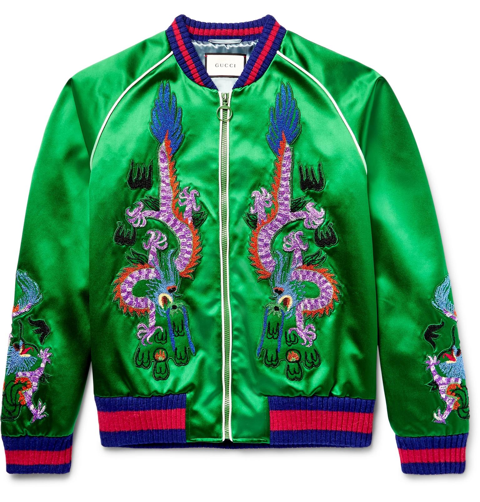 Gucci Appliquéd Silk-satin Duchesse Bomber Jacket in Green for Men | Lyst