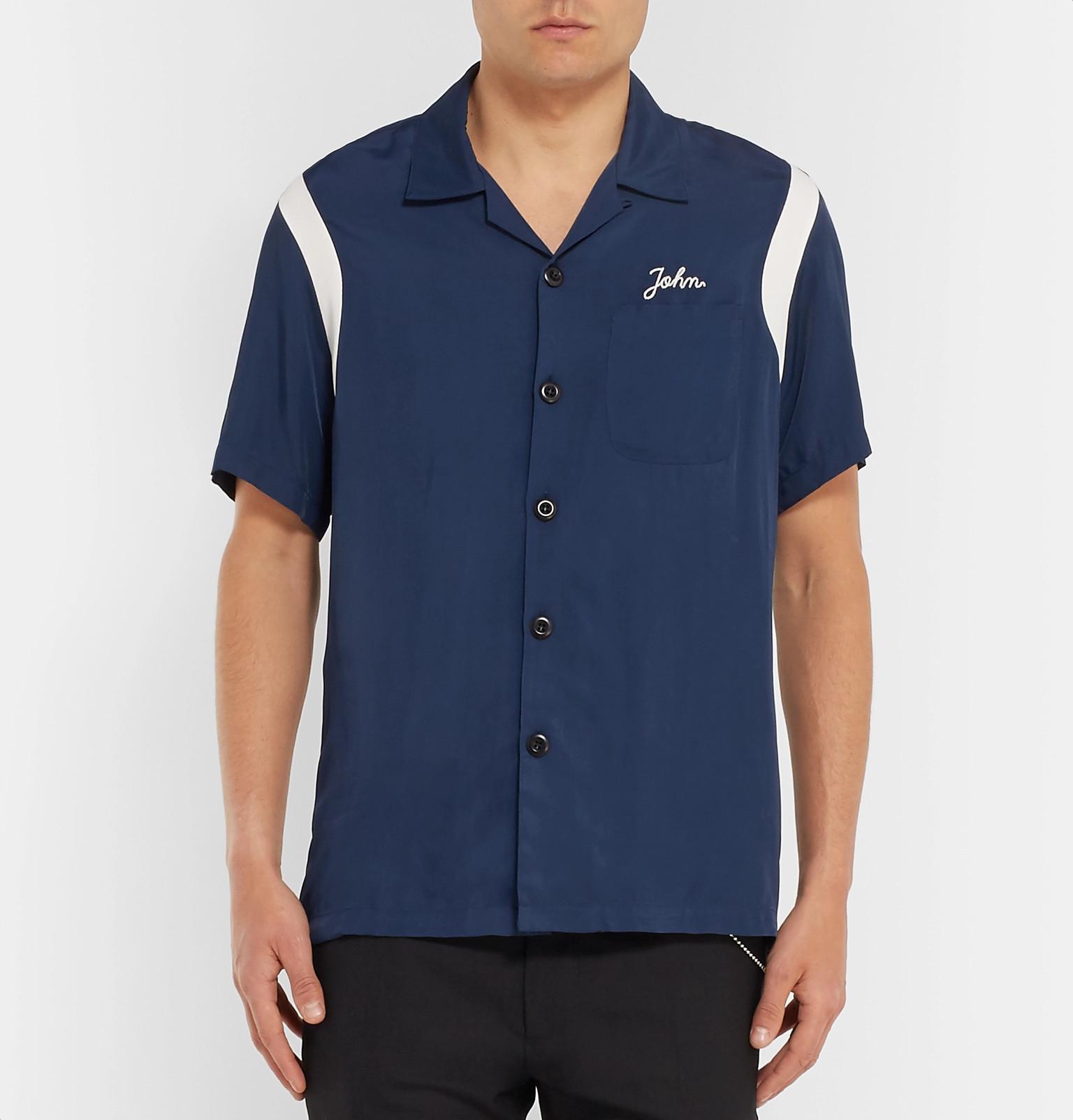 Sandro Camp-collar Embroidered Satin-twill Shirt in Navy (Blue) for Men 