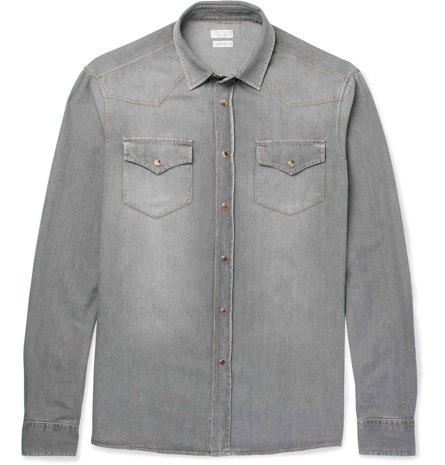 Brunello Cucinelli Slim-fit Washed-denim Western Shirt in Grey for Men ...
