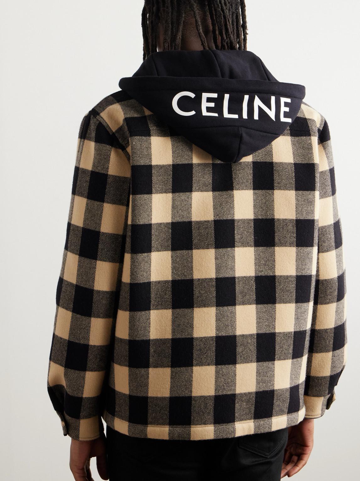 Celine Logo-Print Cotton Jersey-Trimmed Padded Checked Wool Hooded