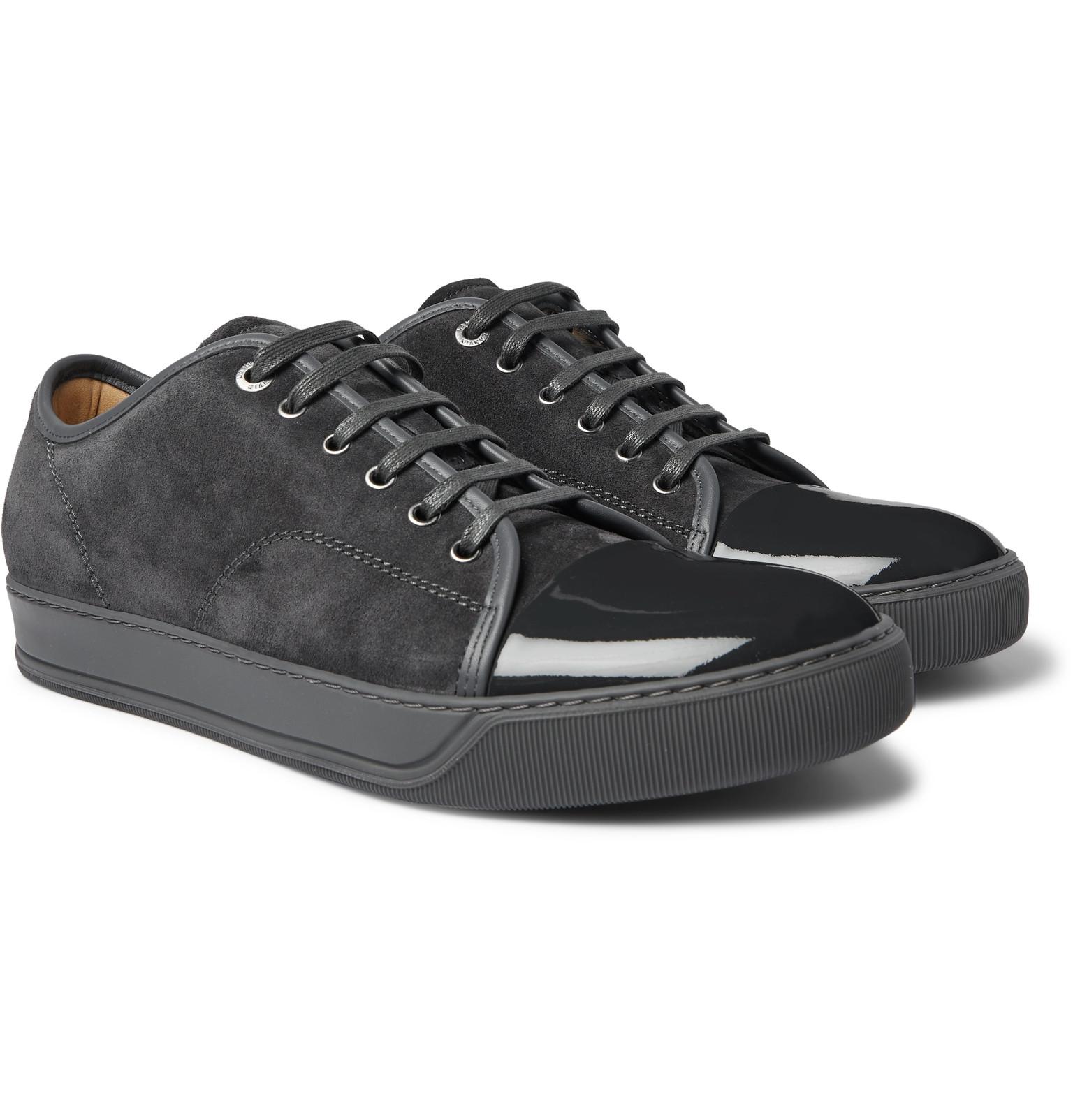 Lanvin Cap-toe Suede And Patent-leather Sneakers in Gray for Men - Lyst