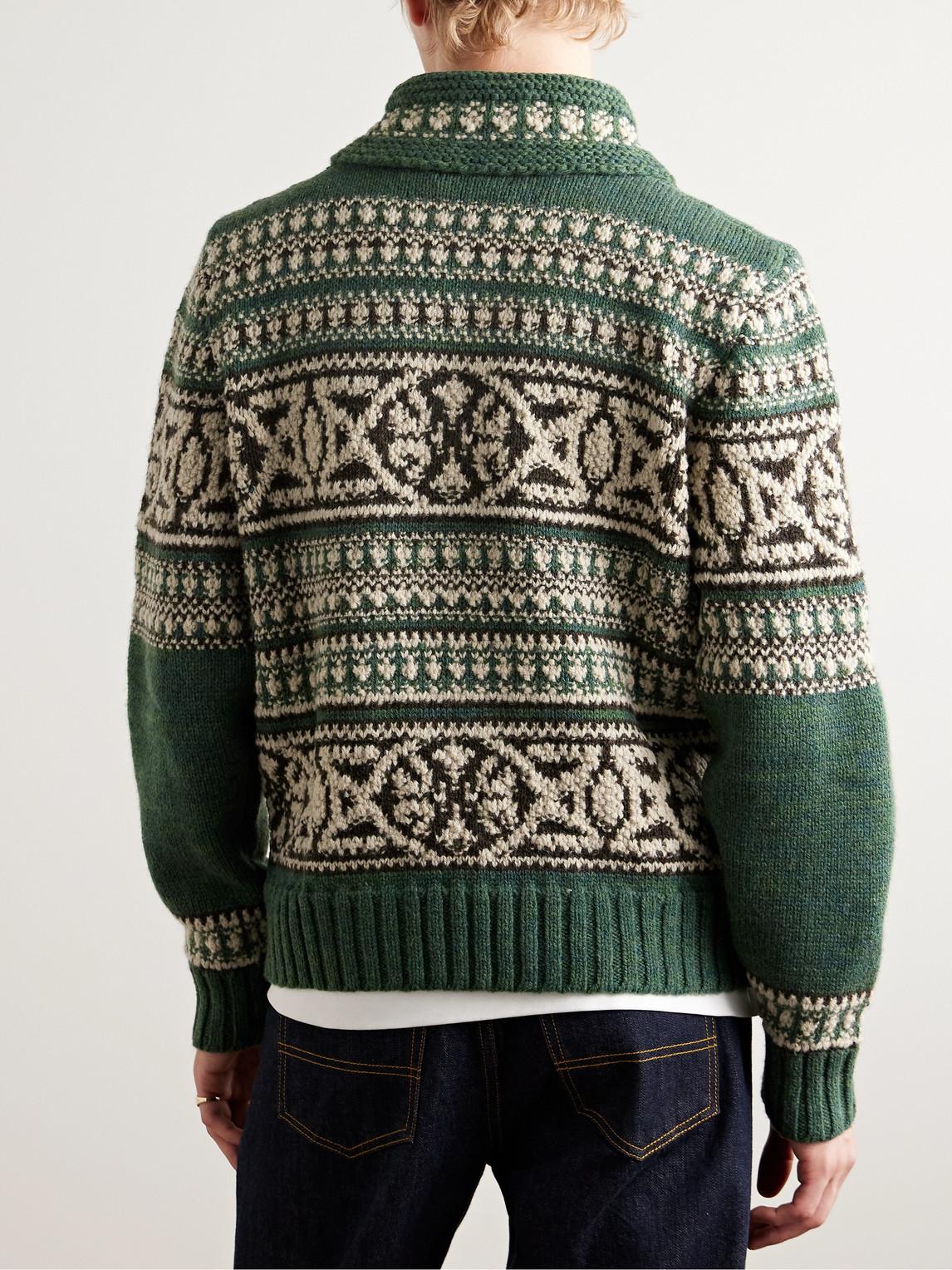 RRL Shawl-Collar Jacquard-Knit Wool Zip-Up Cardigan in Green for