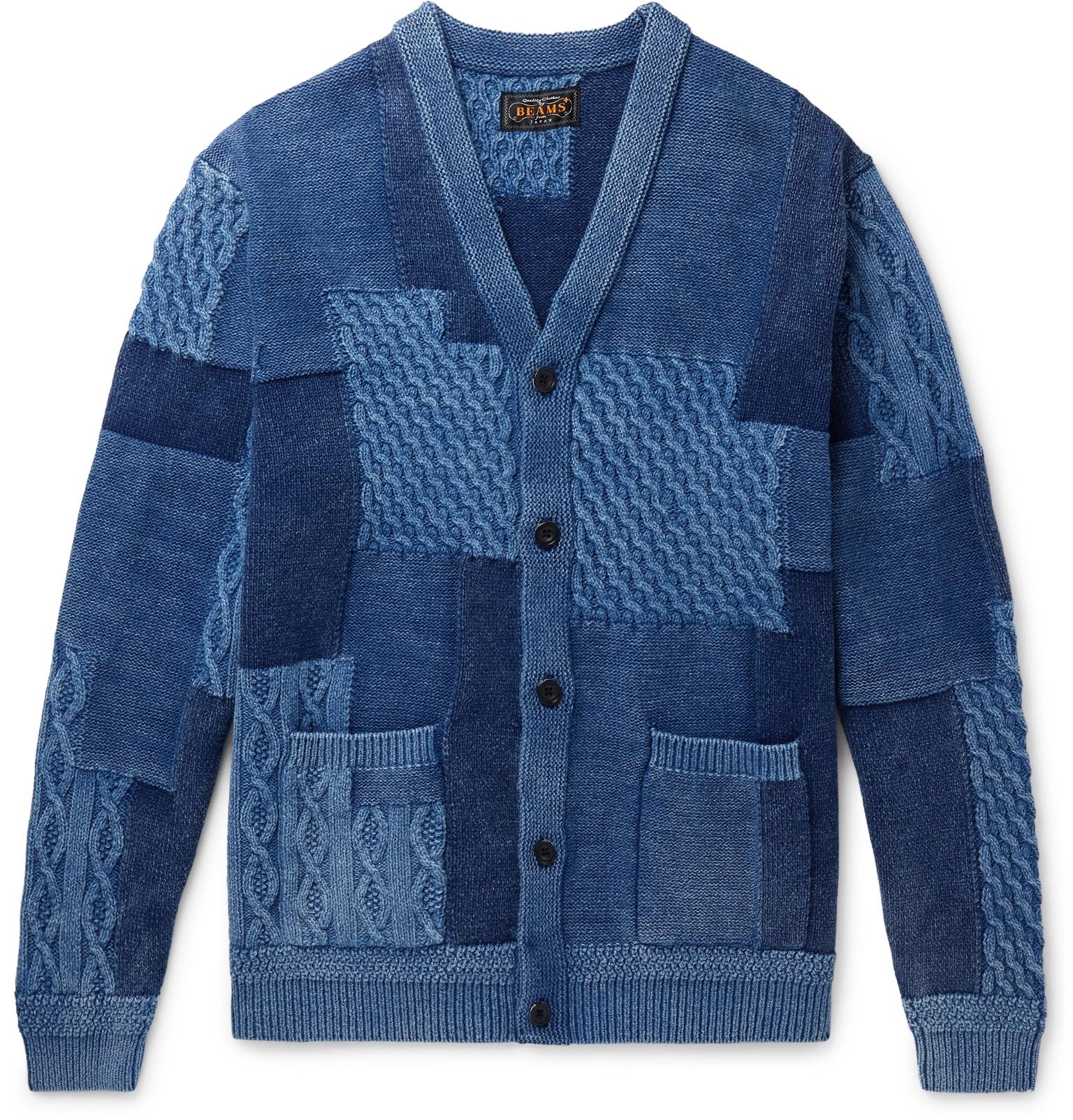 Beams Plus Patchwork Indigo-dyed Cable-knit Cotton Cardigan in