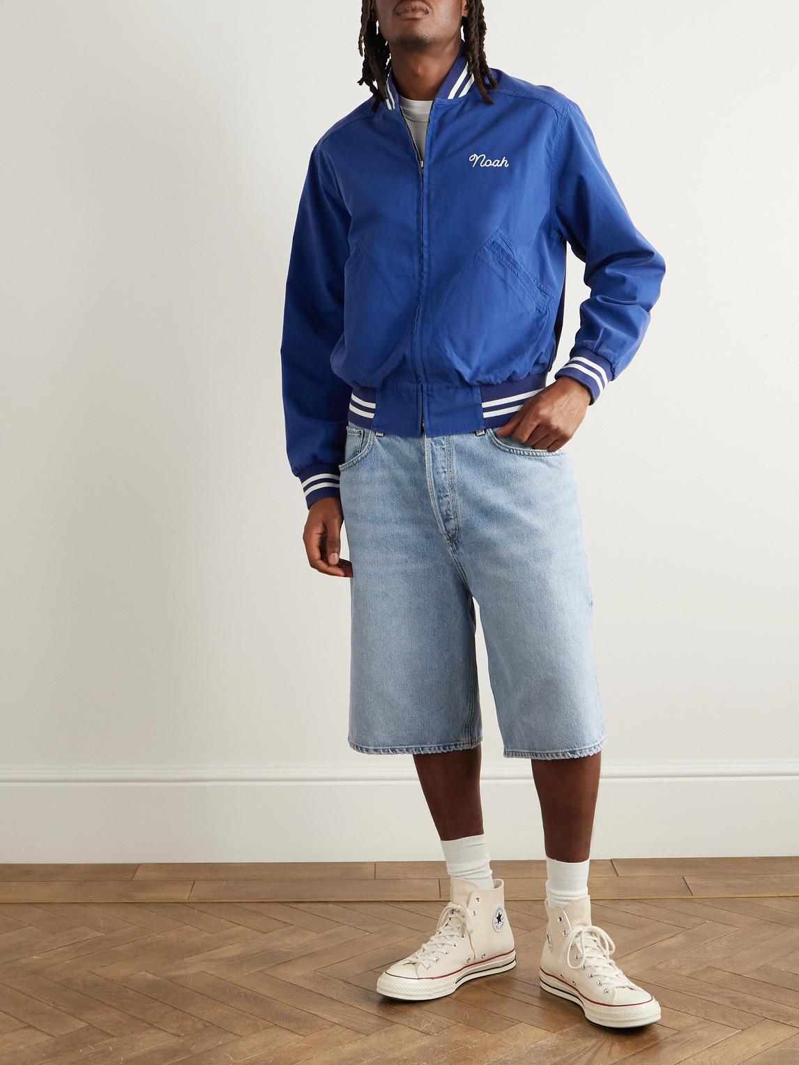 Noah Logo-Embroidered Striped Cotton Varsity Jacket in Blue for