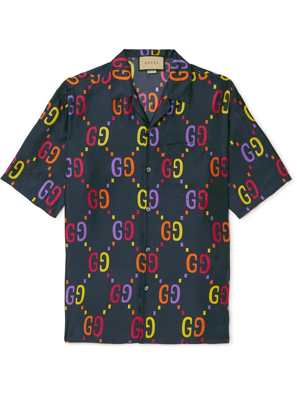 Gucci Camp-collar Logo-print Silk Shirt in Blue for Men | Lyst