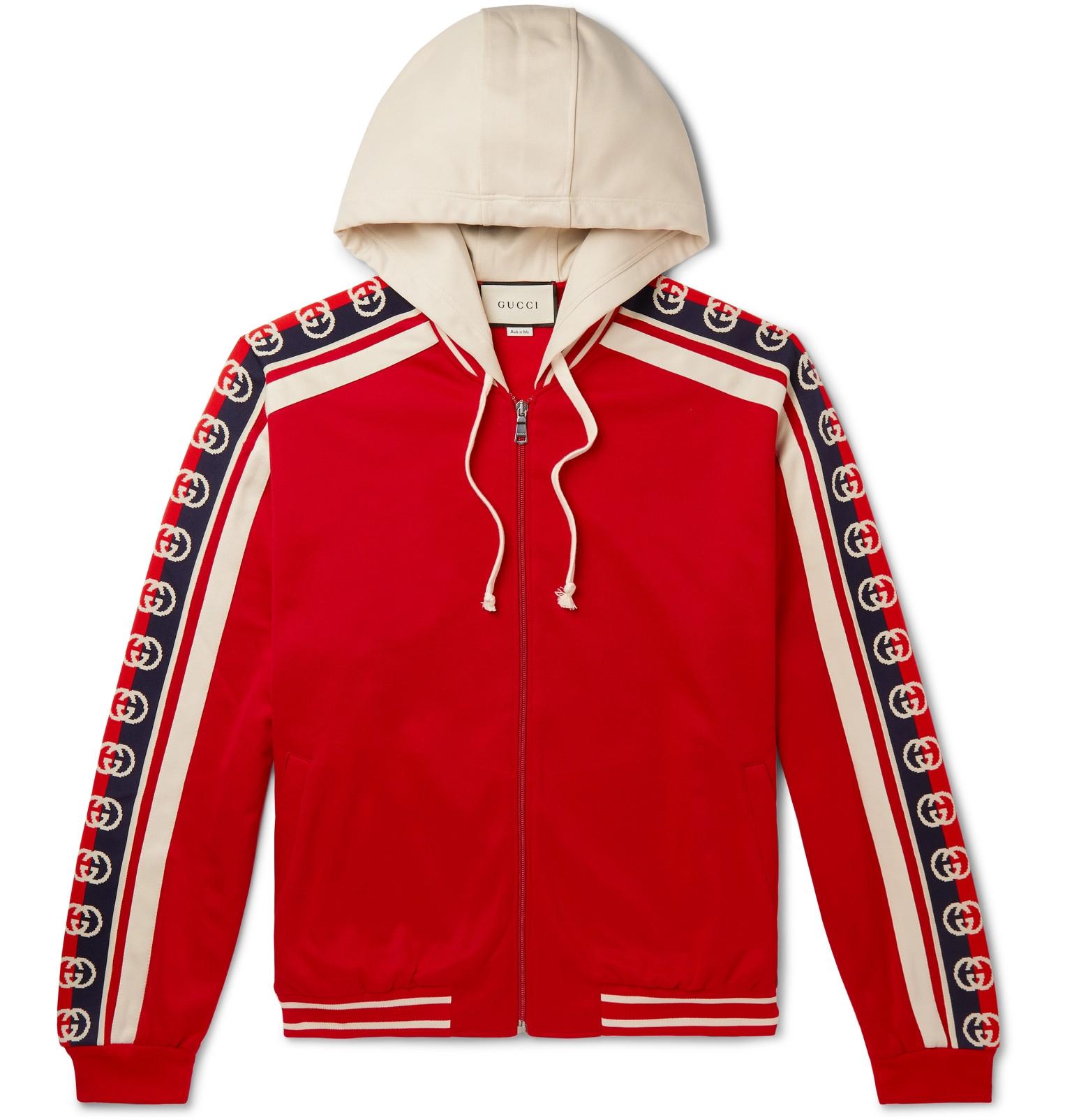 Gucci Webbing-trimmed Tech-jersey Zip-up Hoodie in Red for Men - Lyst