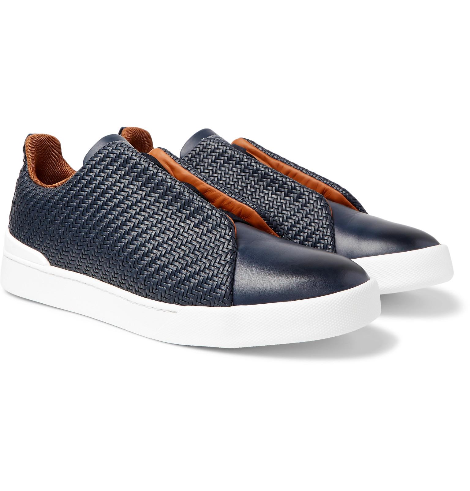 Zegna Triple Stitch Pelle Tessuta Leather Slip-on Sneakers in Blue for Men  | Lyst