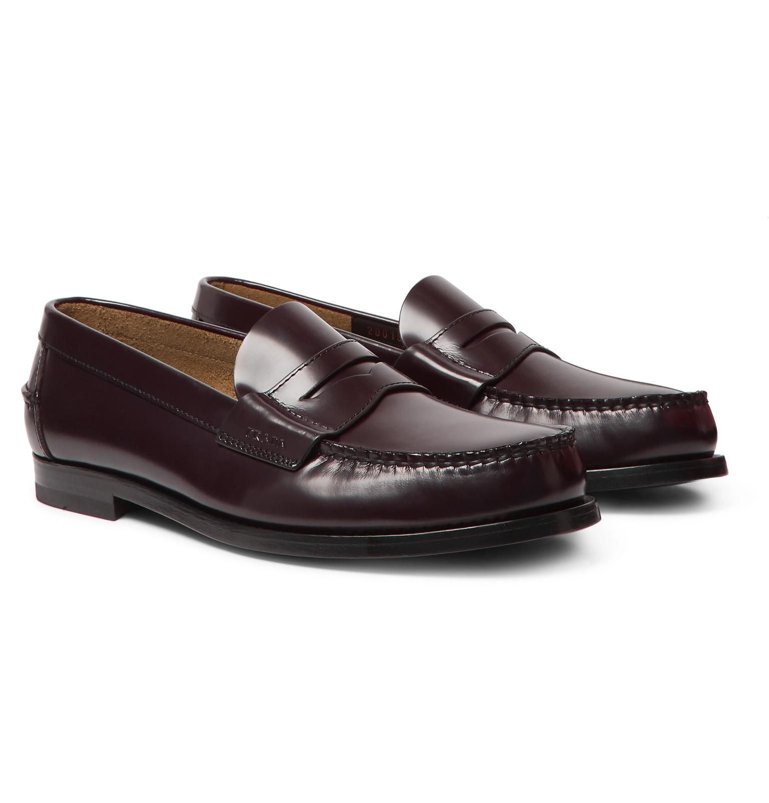 Prada Spazzolato Leather Penny Loafers in Burgundy (Brown) for Men - Lyst