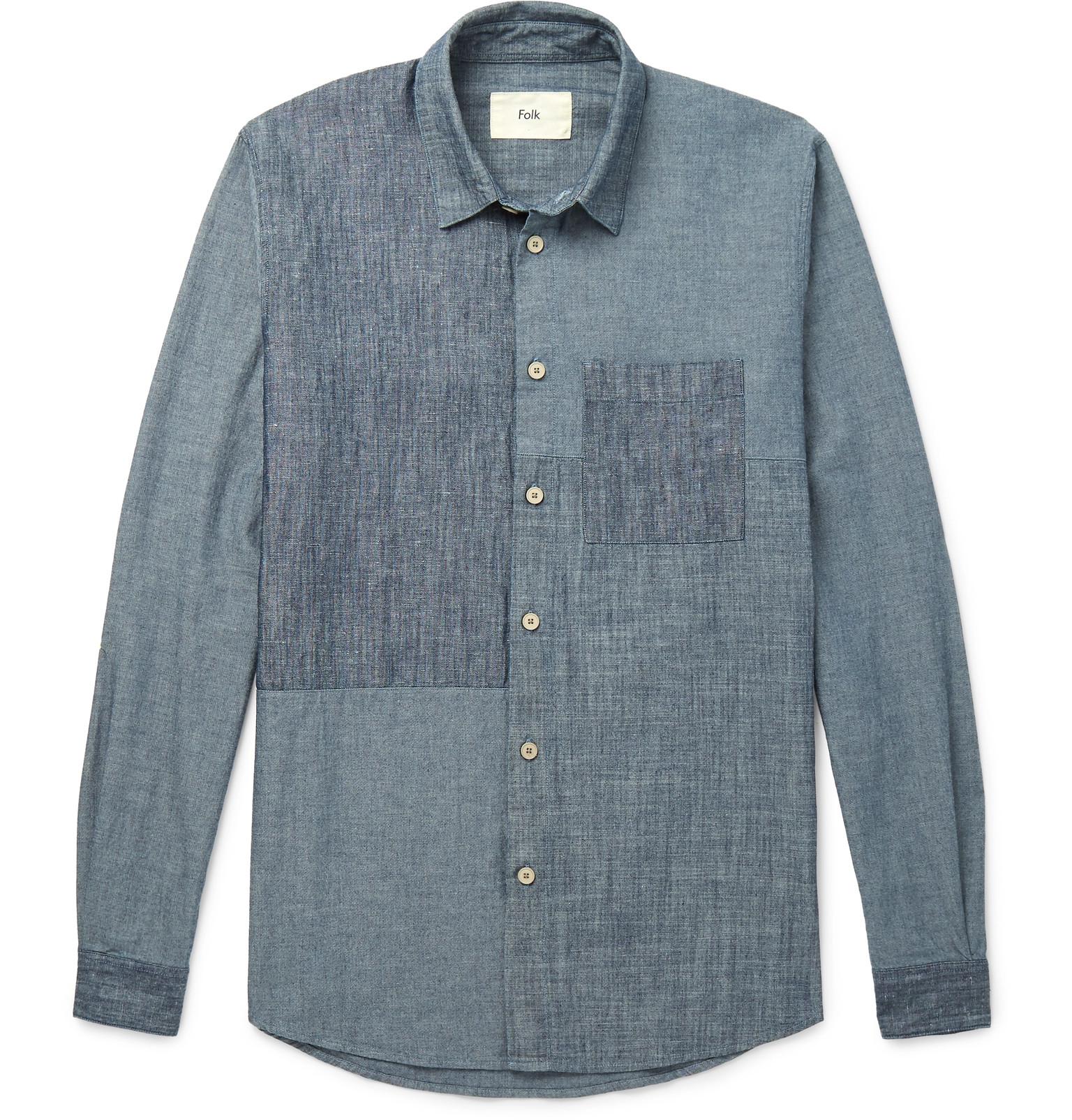 Folk Patchwork Cotton And Linenblend Chambray Shirt in Blue for Men Lyst