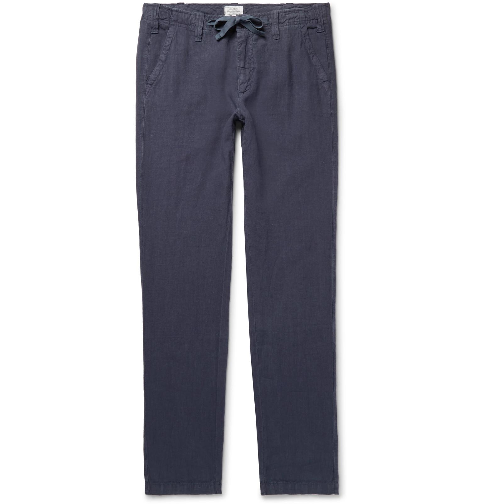 Hartford Troy Slimfit Linenchambray Drawstring Trousers in Blue for