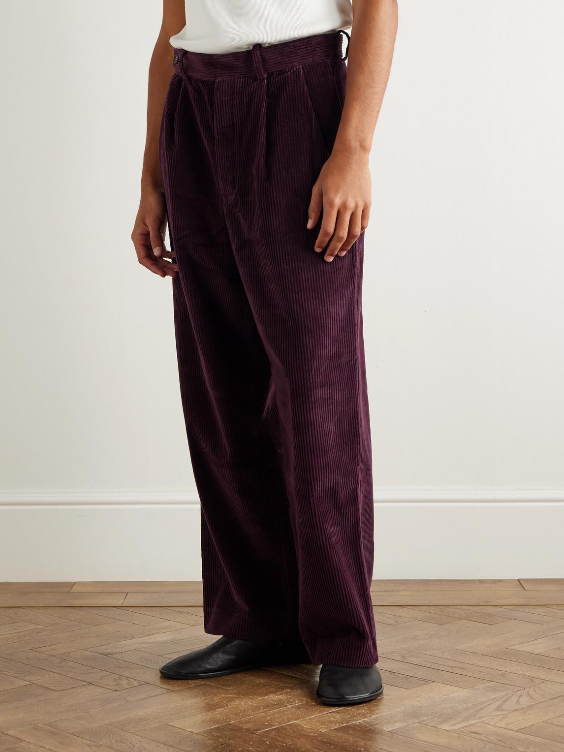 Bode Wide-Leg Cropped Pleated Cotton-Corduroy Trousers in Purple
