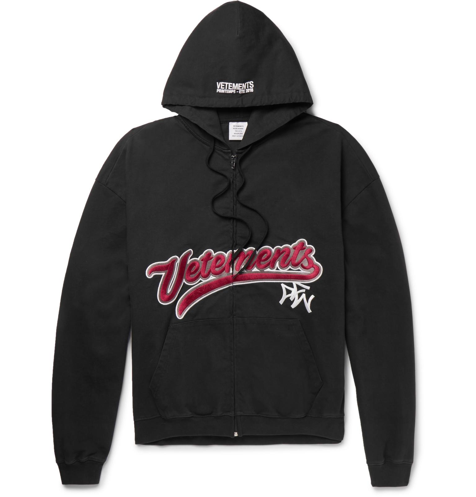 Vetements Embroidered Cotton-jersey Zip-up Hoodie in Black for Men | Lyst