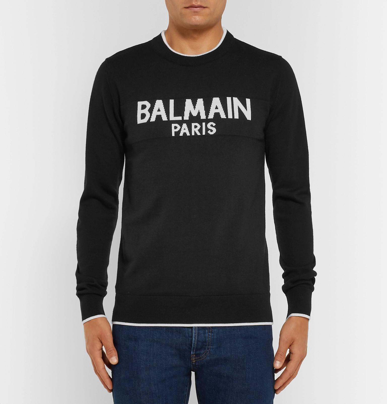 Balmain Logo-intarsia Wool Sweater in Black for Men - Lyst
