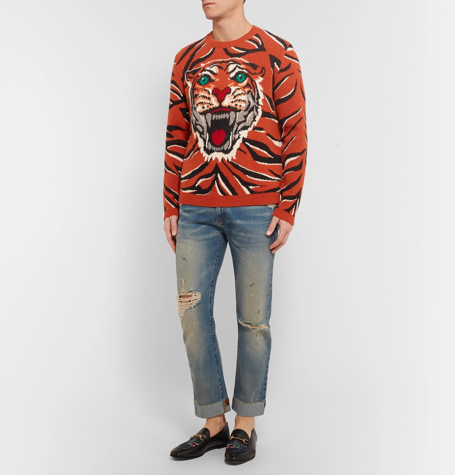 Gucci Embroidered Tiger-intarsia Wool Sweater in Orange for Men - Lyst