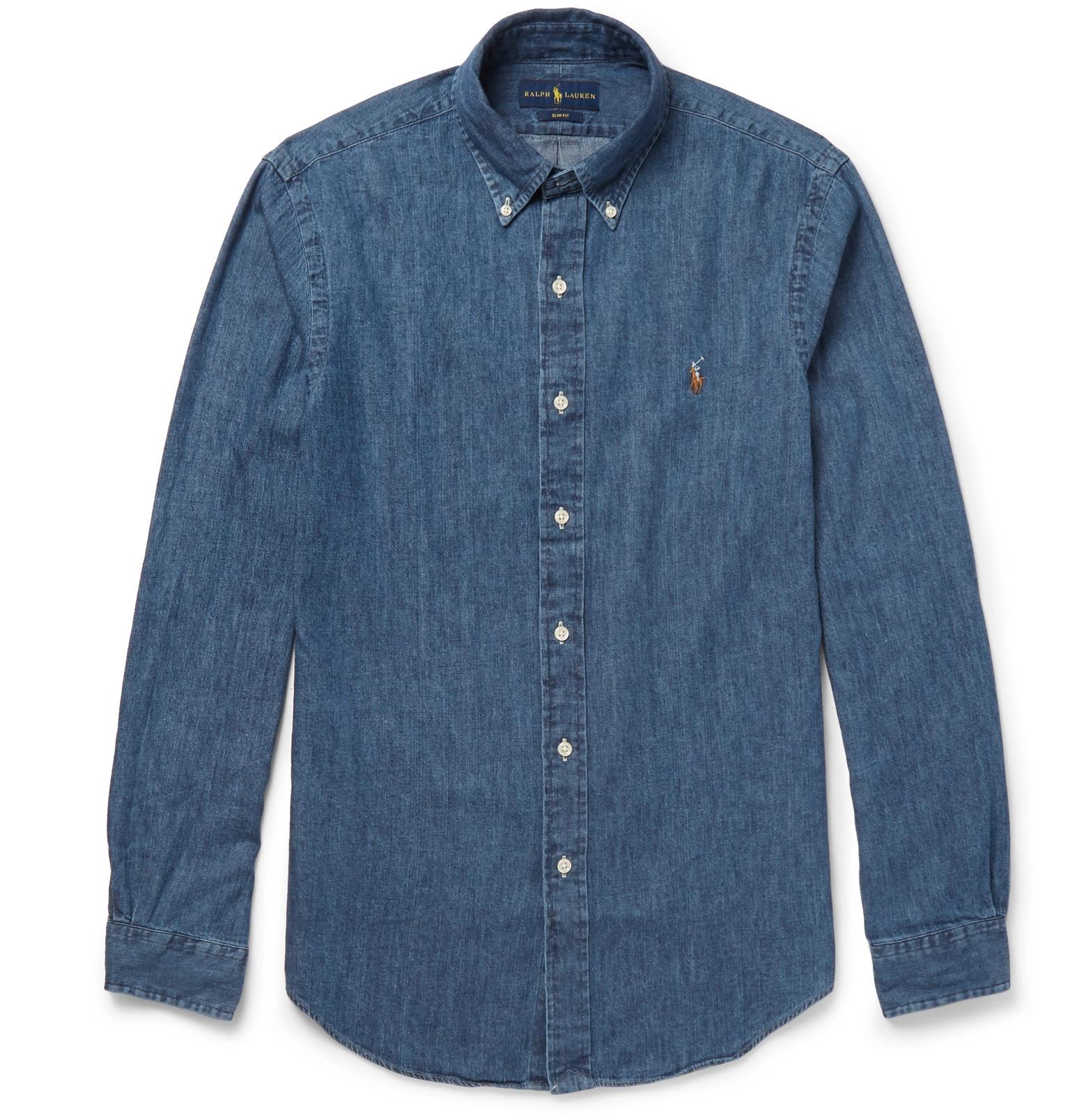 Polo Ralph Lauren Slim-fit Button-down Collar Washed-denim Shirt in Mid