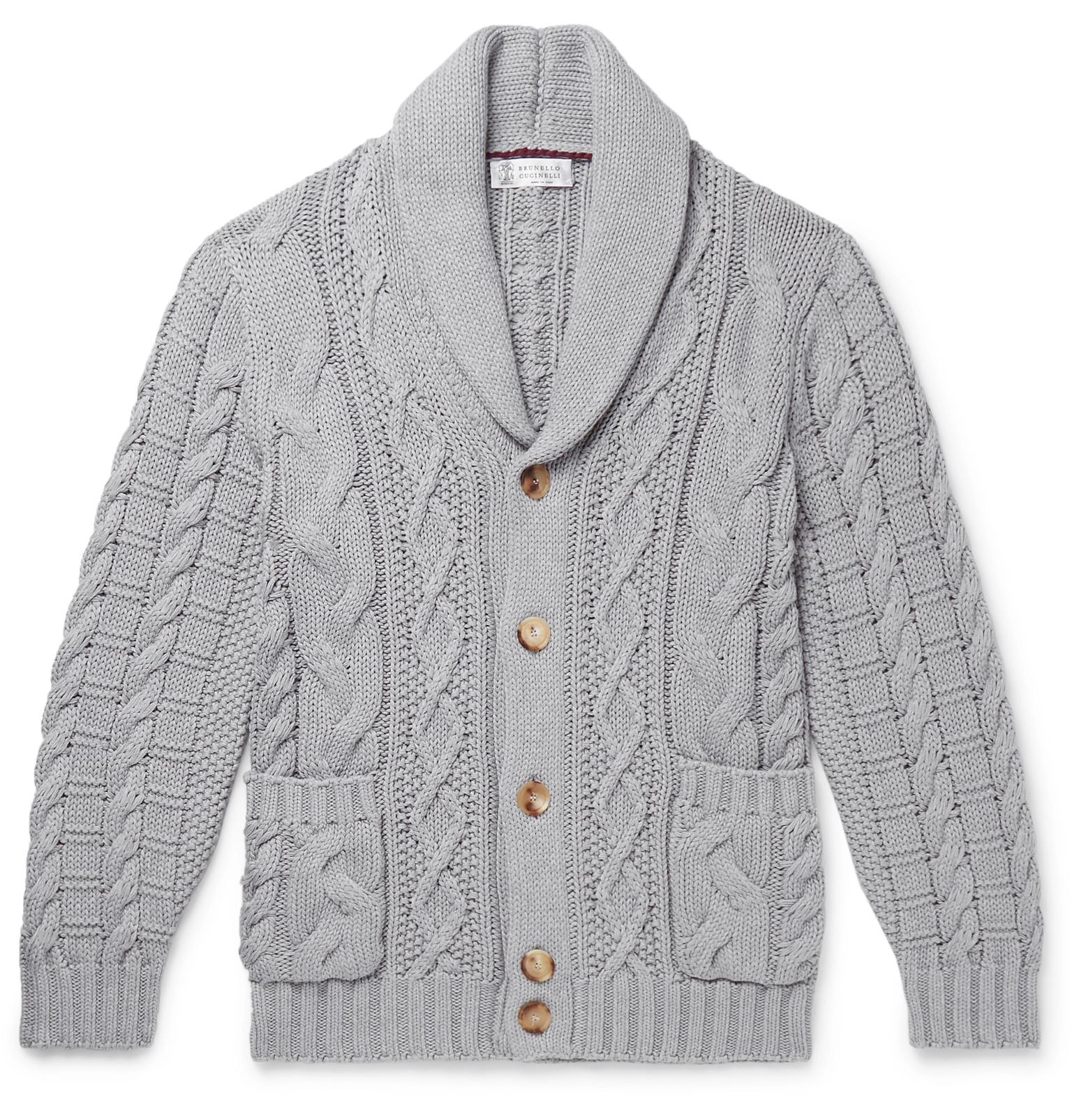 Brunello Cucinelli Shawl-collar Cable-knit Cotton Cardigan in Gray for ...