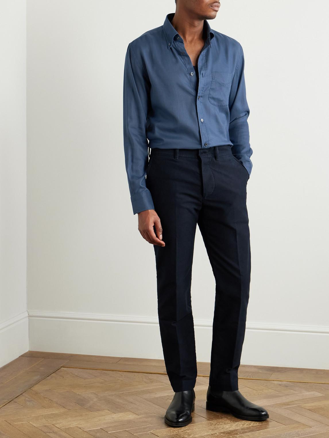 Tom Ford Button-Down Collar Garment-Dyed Lyocell Shirt in Blue for - Main Image