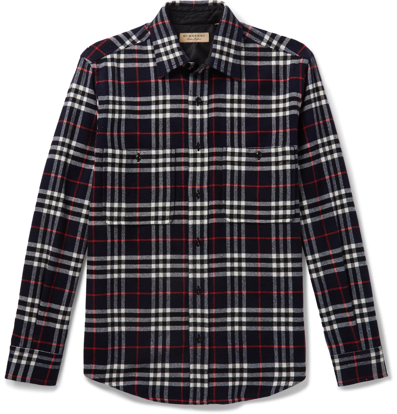 Burberry Checked Wool And Cotton-blend Shirt in Navy (Blue) for Men - Lyst