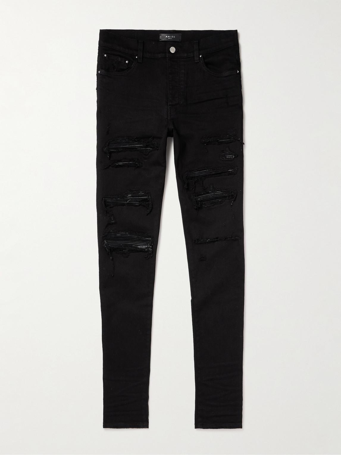 Amiri Thrasher Skinny-fit Leather-panelled Distressed Jeans in