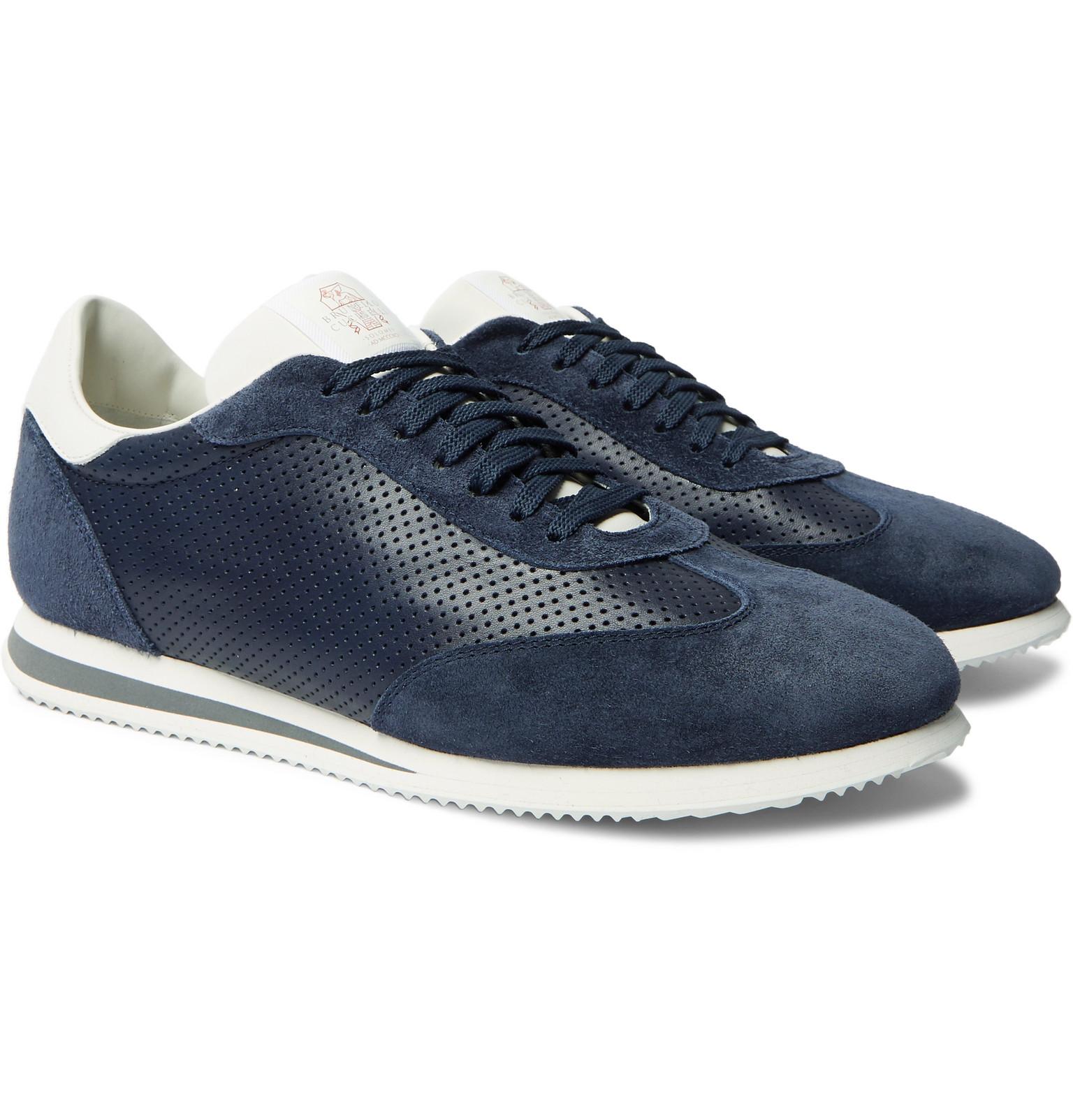 Brunello Cucinelli Suede-trimmed Leather And Mesh Sneakers in Blue for ...