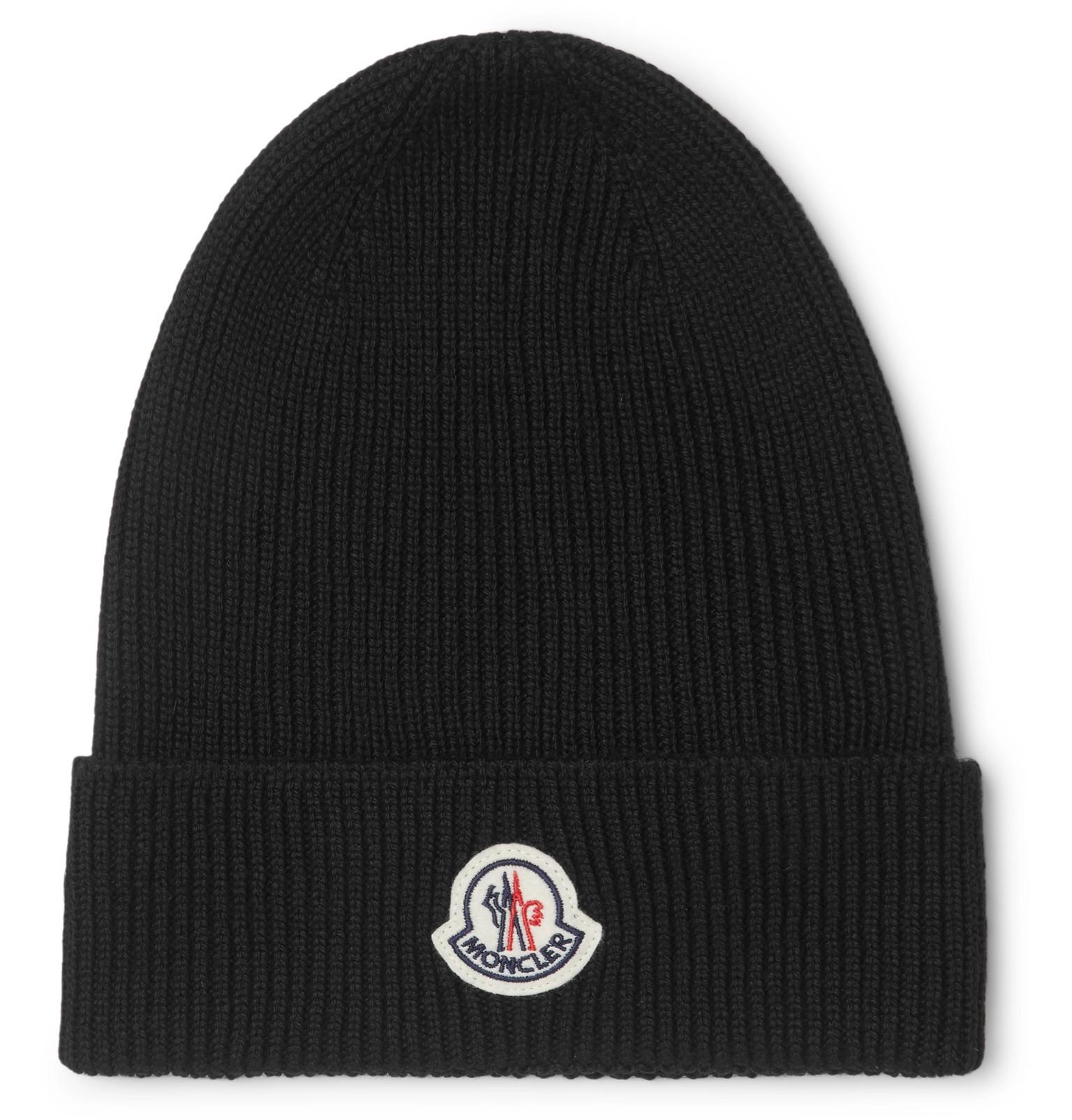 Moncler Ribbed Logo Beanie Hat in Black for Men | Lyst