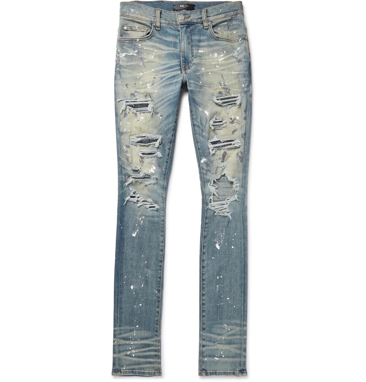 Amiri Crystal Thrasher Skinny-fit Embellished Painted Distressed Stretch-denim  Jeans in Blue for Men | Lyst