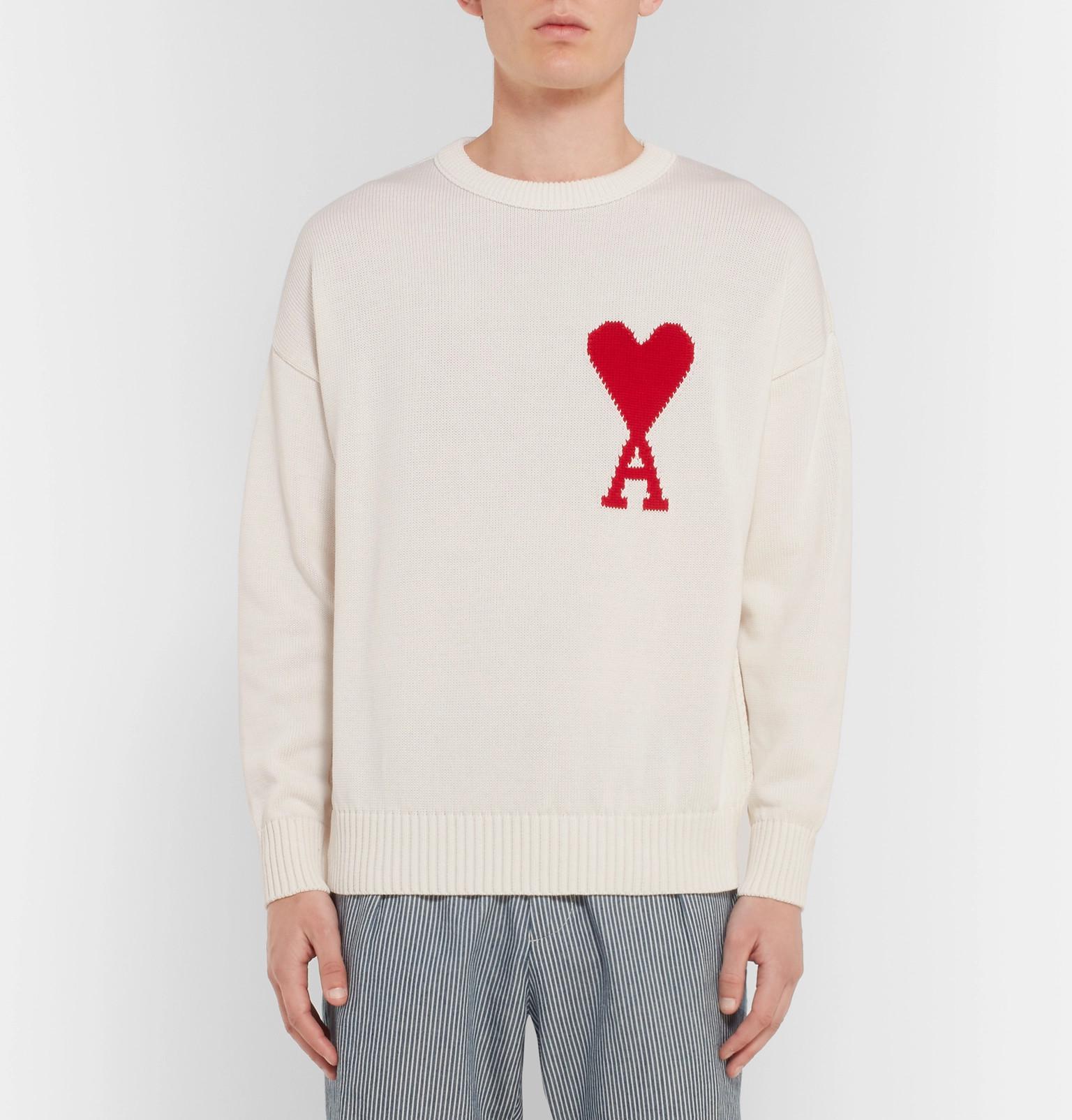 AMI Wool Oversized De Coeur Crew Neck Sweater in White for Men - Lyst