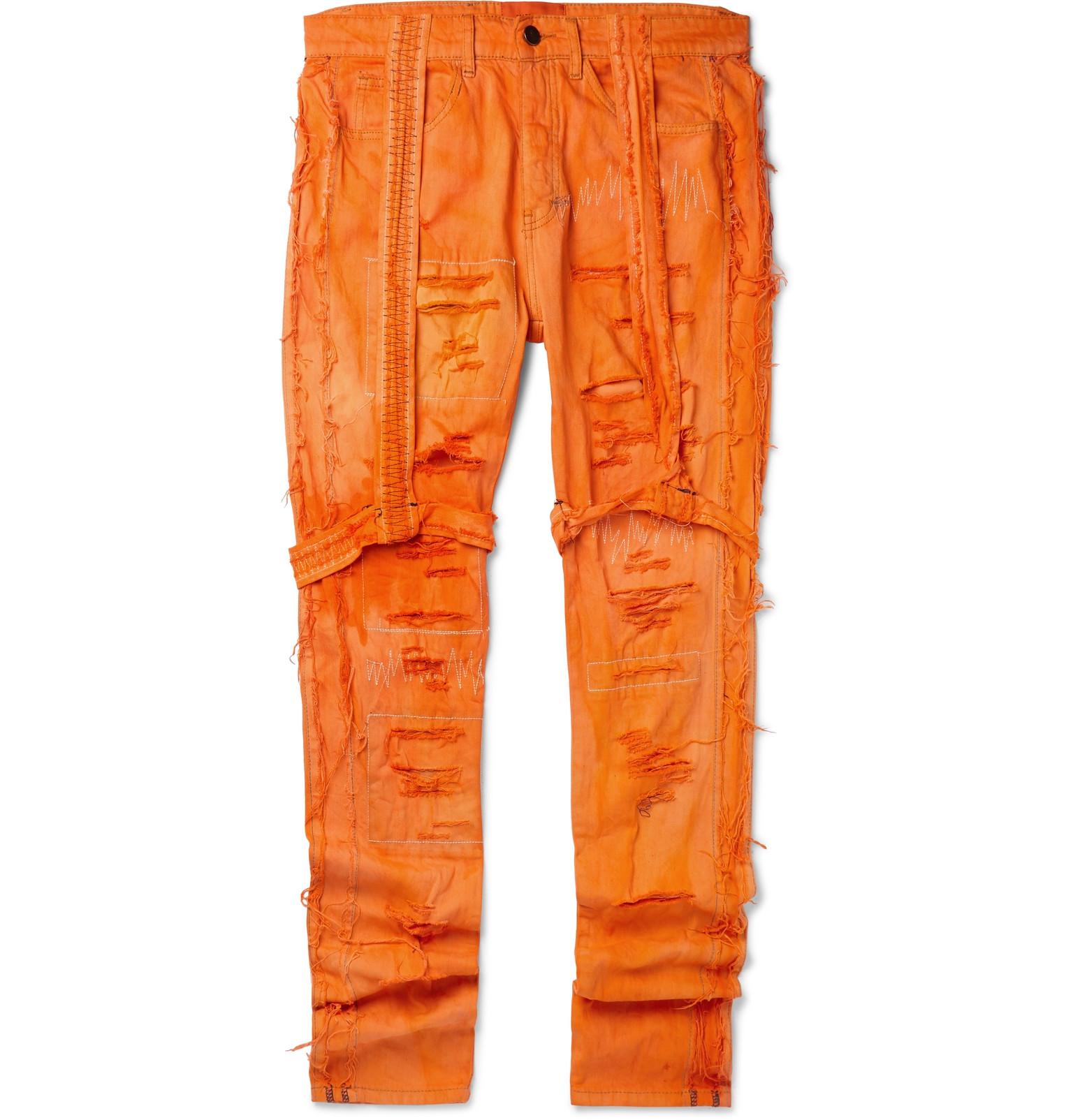 EV BRAVADO Skinnyfit Strapdetailed Distressed Denim Jeans in Orange