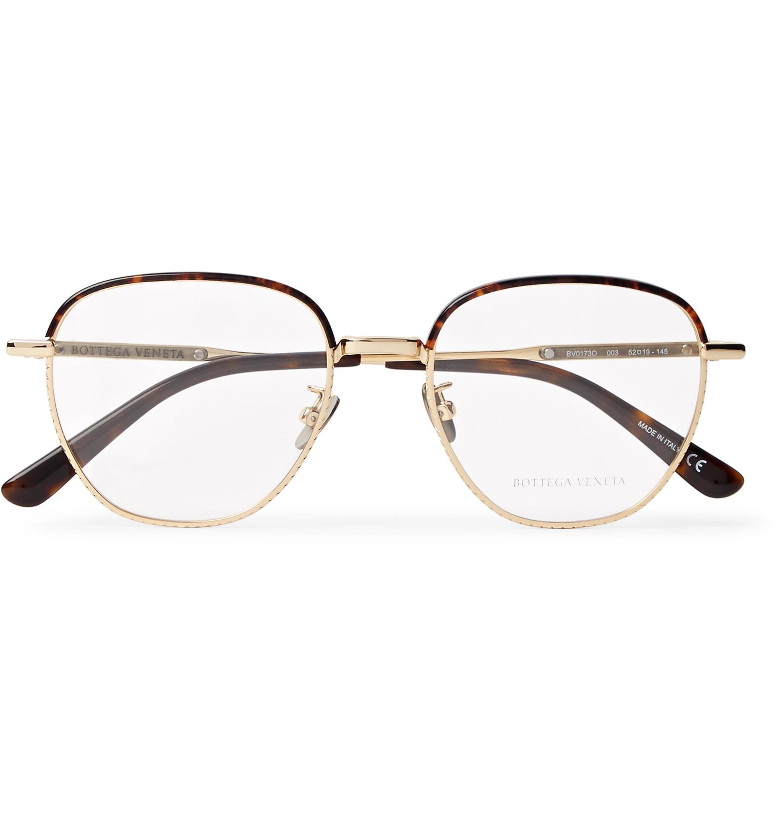 Bottega Veneta Leather Square Frame Tortoiseshell Acetate And Gold Tone Optical Glasses In Metallic For Men Lyst