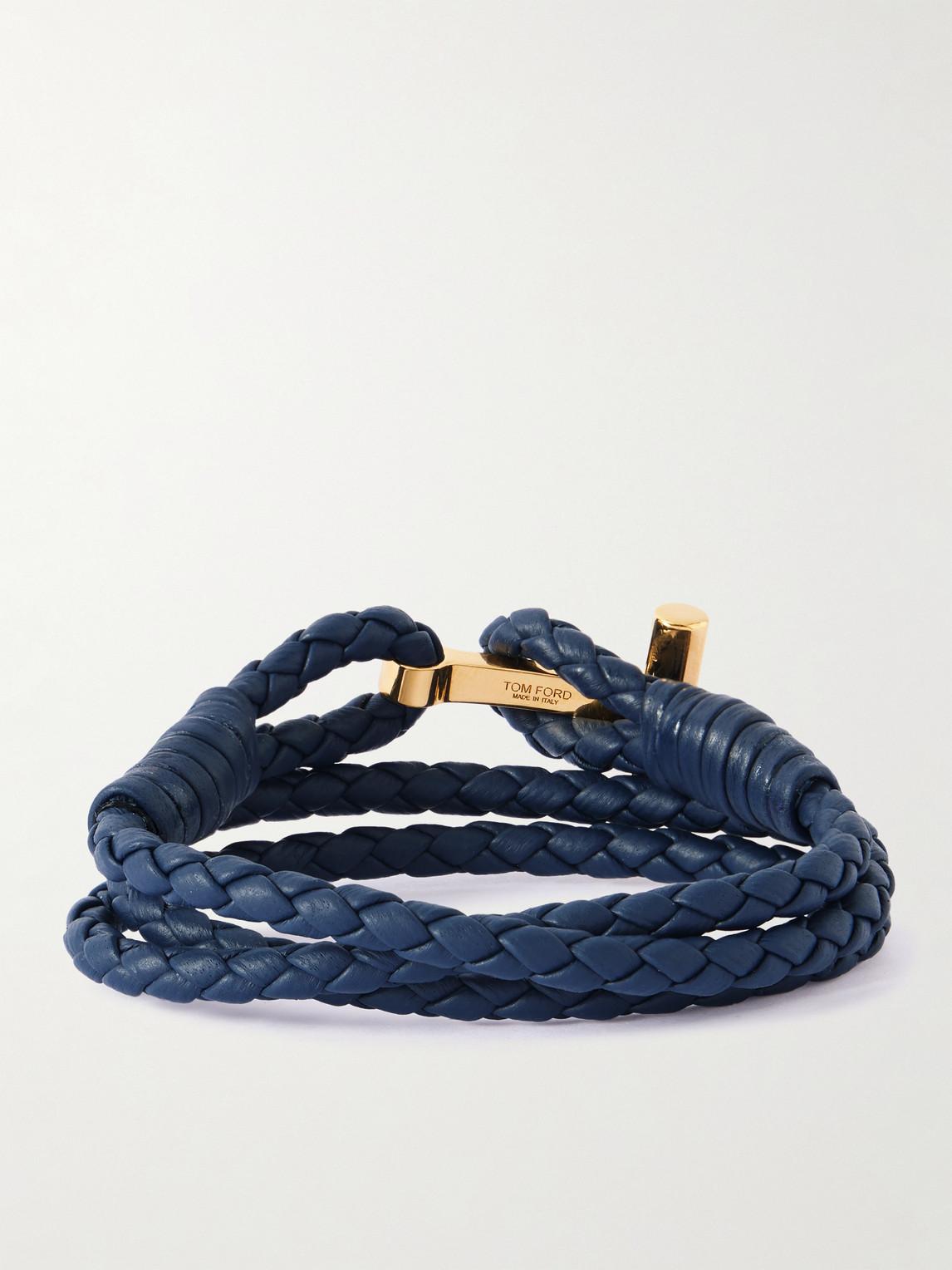 Tom Ford Woven Leather And-Plated Wrap Bracelet in Blue for Men