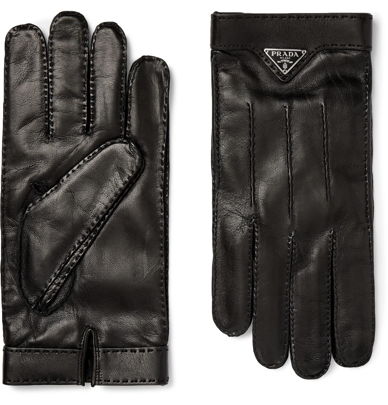 Prada Logo-embellished Cashmere-lined Leather Gloves in Black for Men