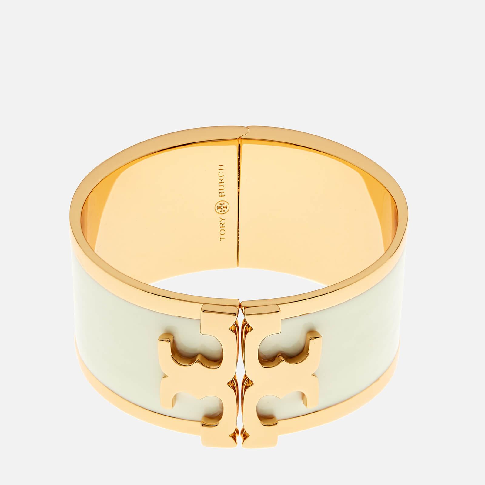 Tory Burch Enamel Raised Logo Wide Cuff Bracelet in Metallic