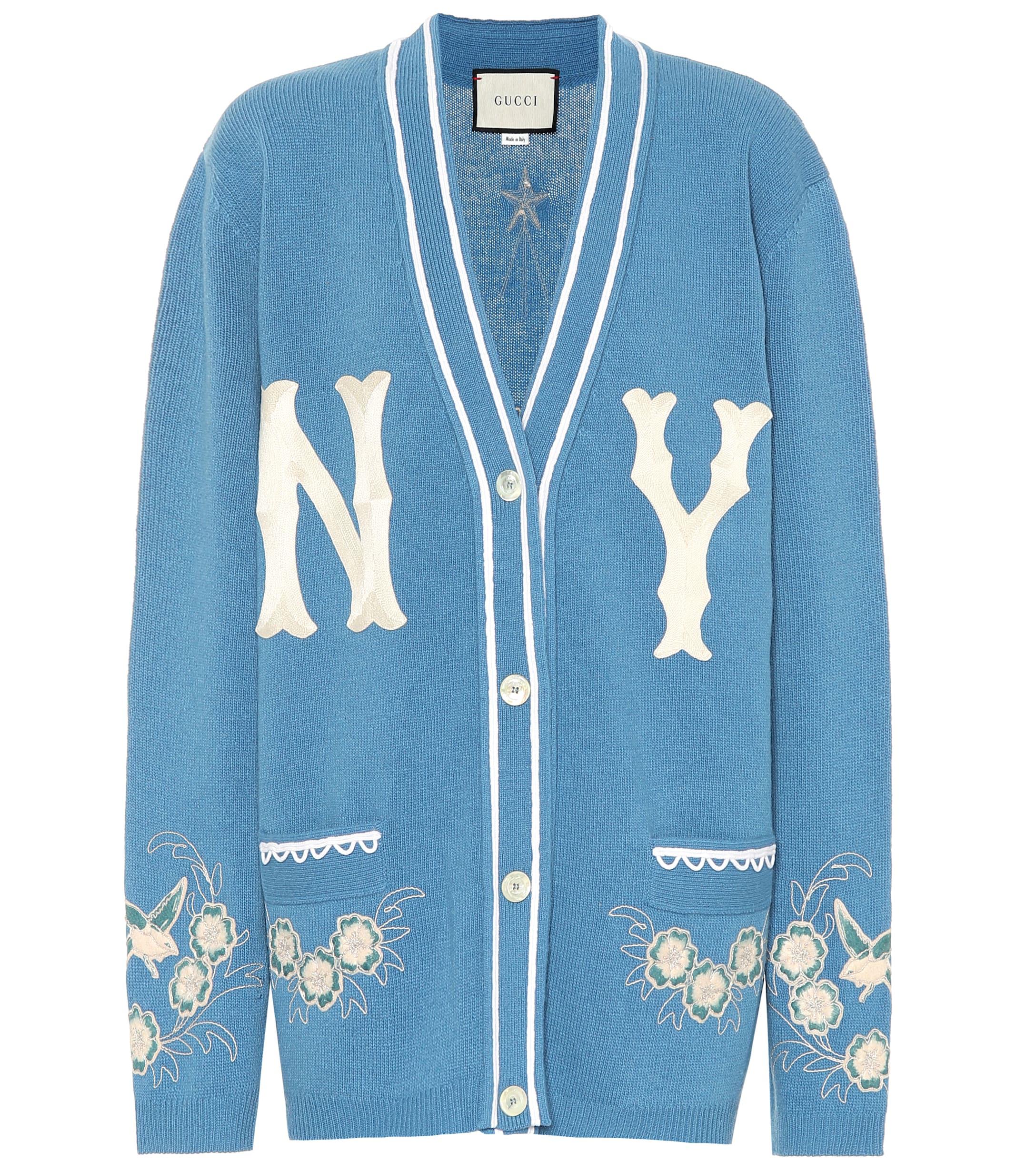 Gucci Ny Yankees Patch Embroidered Wool Cardigan in Blue - Lyst