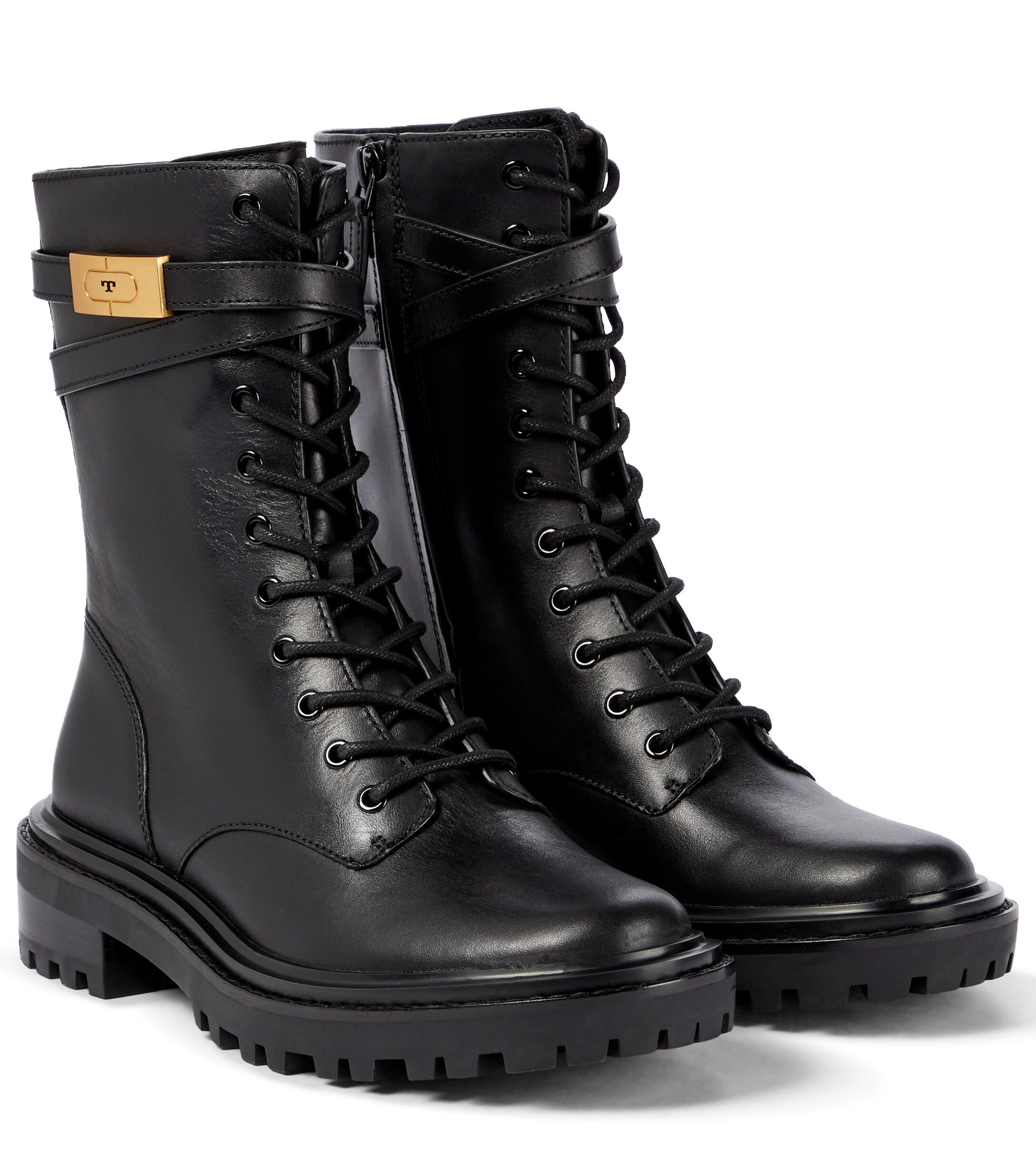 Tory Burch T Hardware Leather Combat Boots in Black | Lyst
