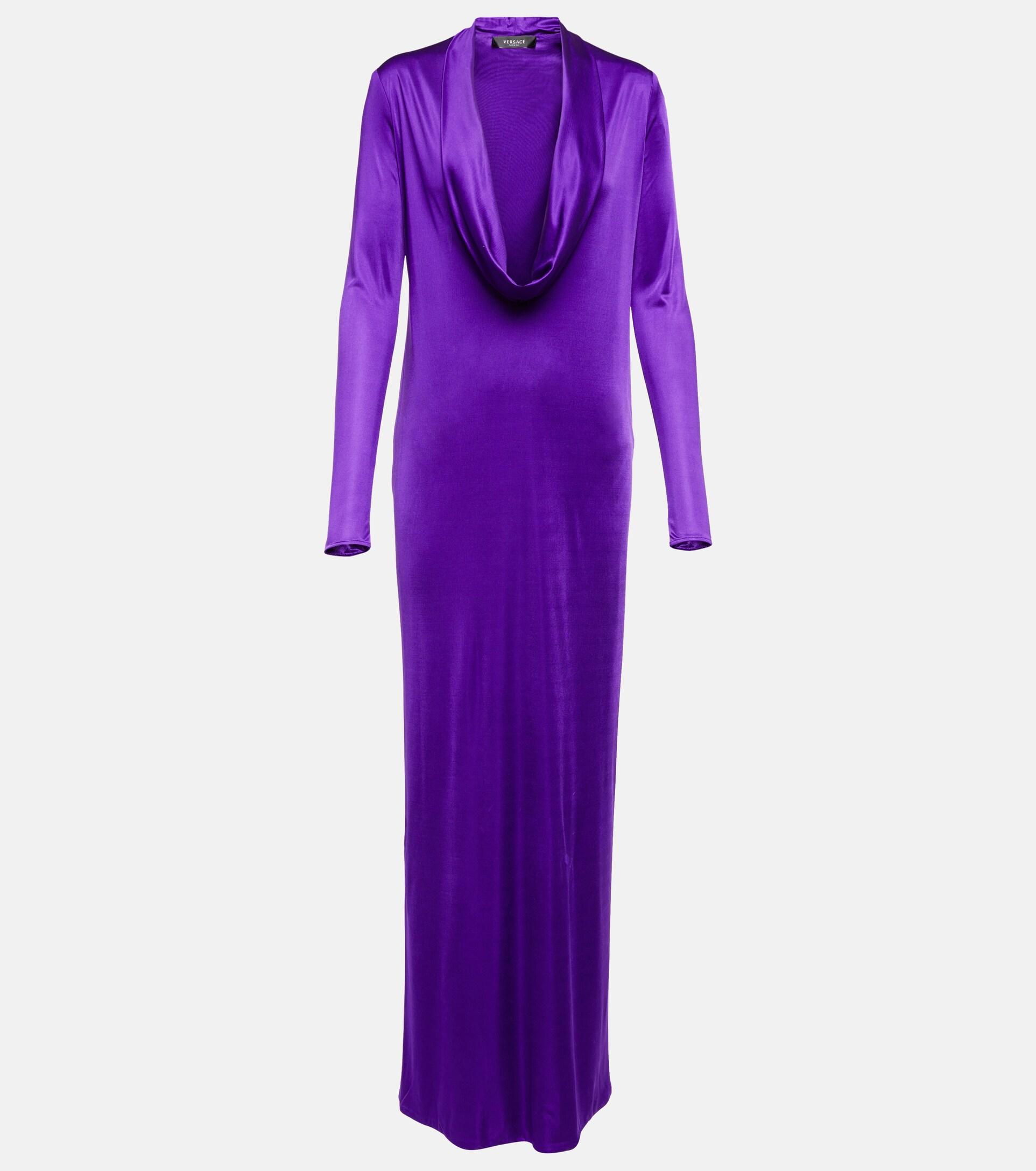 Versace Cowl-neck Draped Satin Gown in Purple | Lyst
