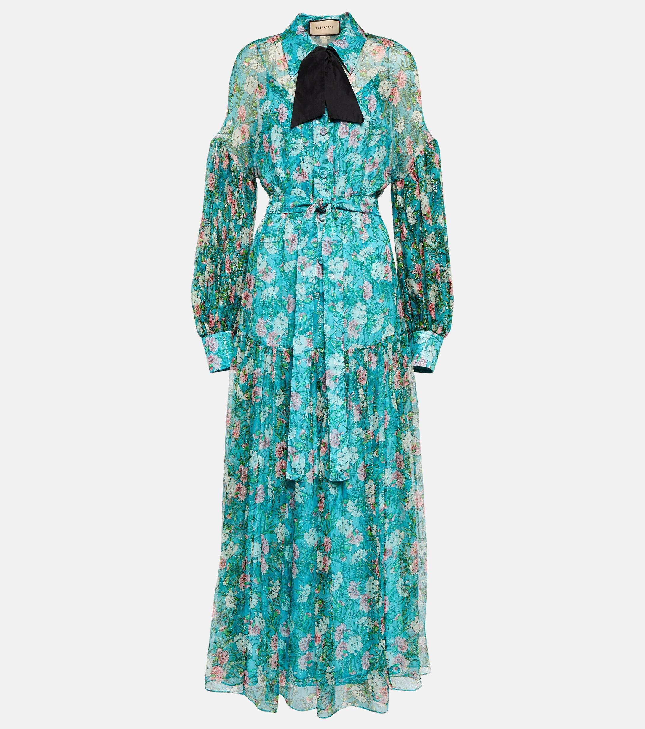 Gucci Floral Pleated Silk Creponne Gown in Blue | Lyst UK