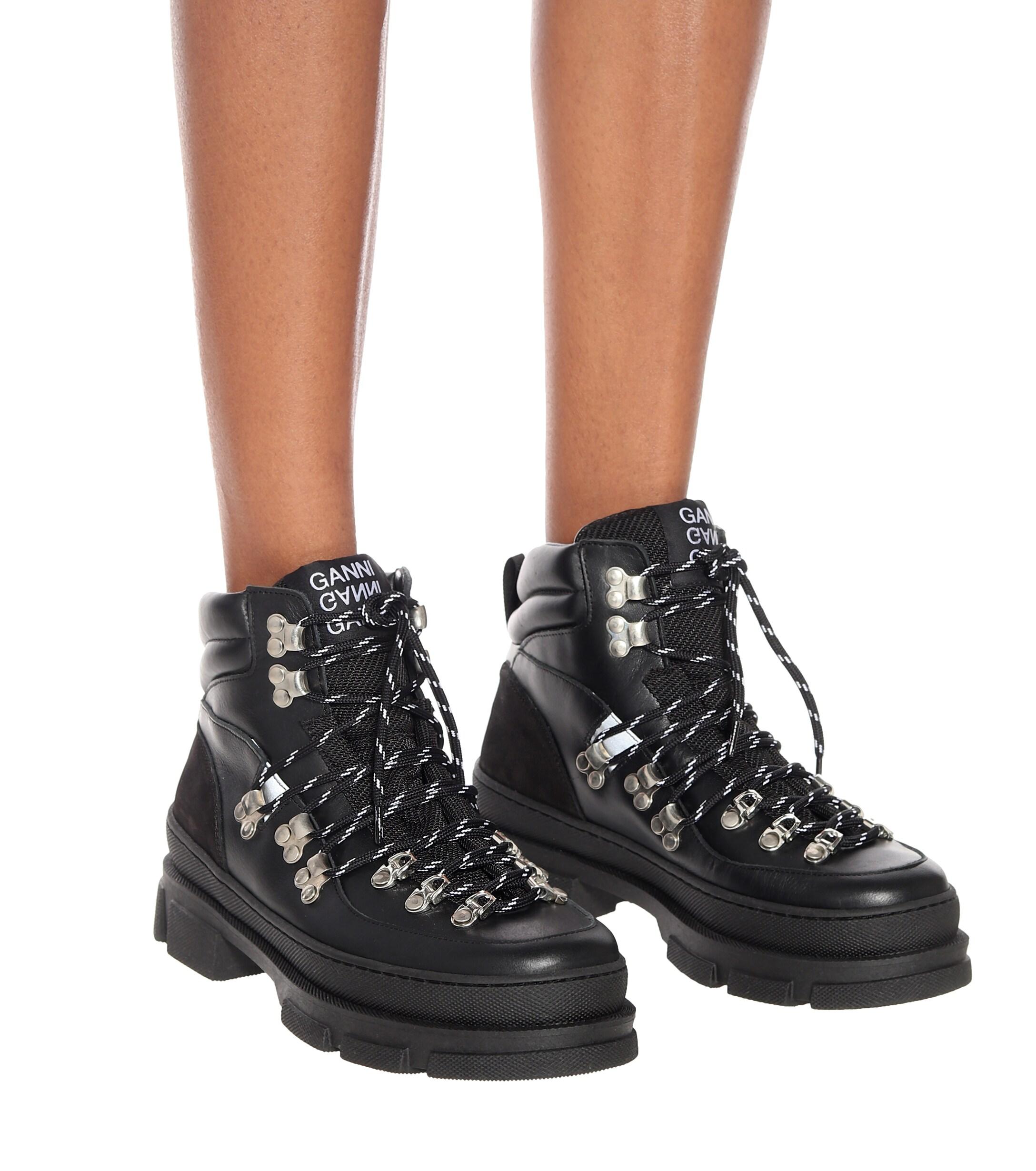 Ganni Sporty Hiking Leather Ankle Boots in Black - Lyst