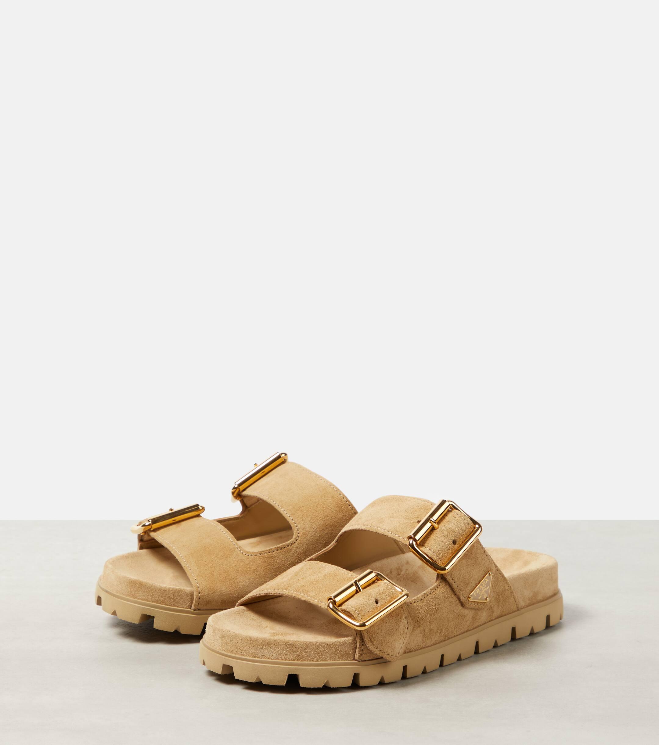 Prada Logo Suede Sandals in Natural Lyst UK