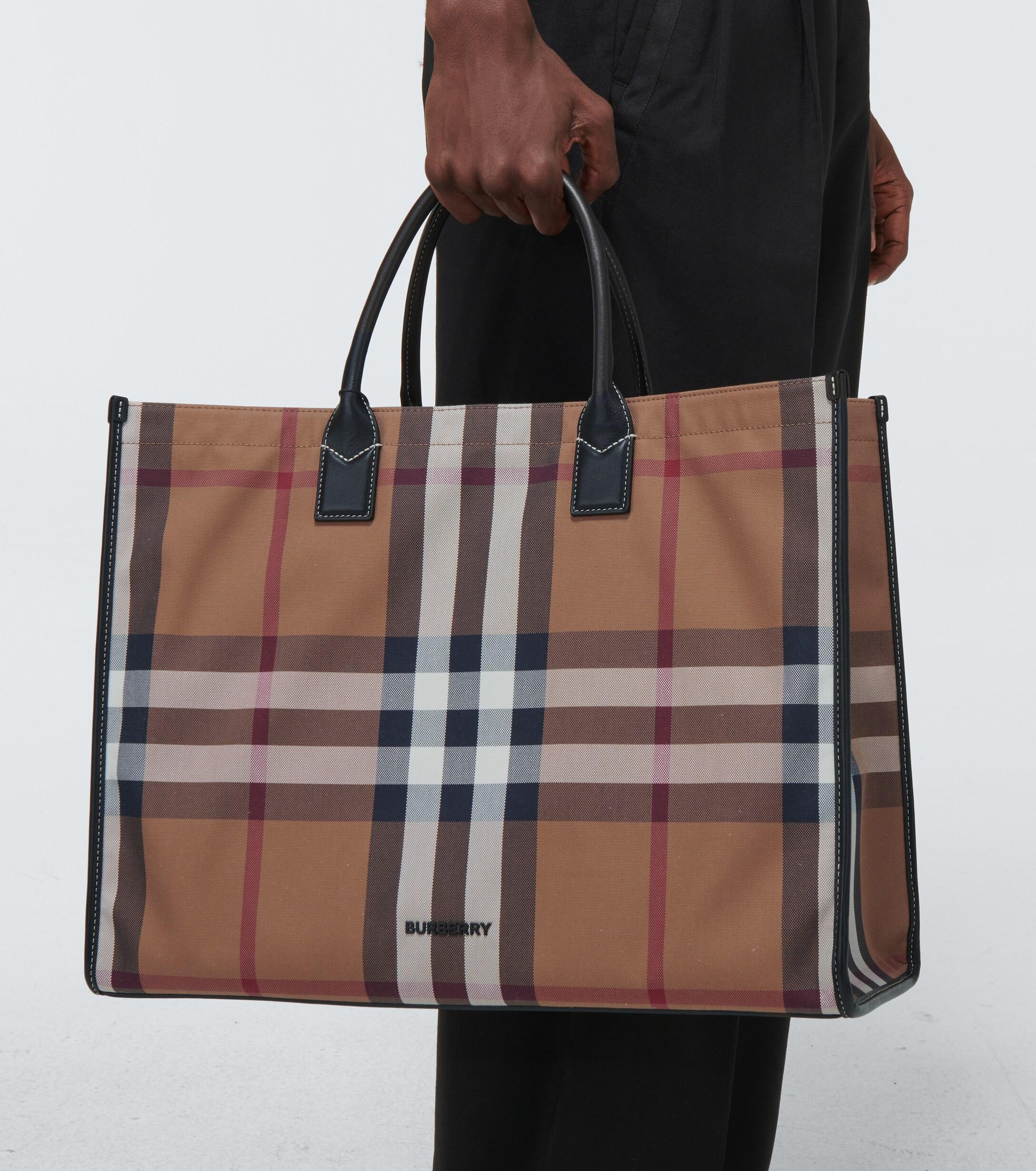 Burberry Cotton Denny Checked Tote Bag in Brown for Men - Lyst
