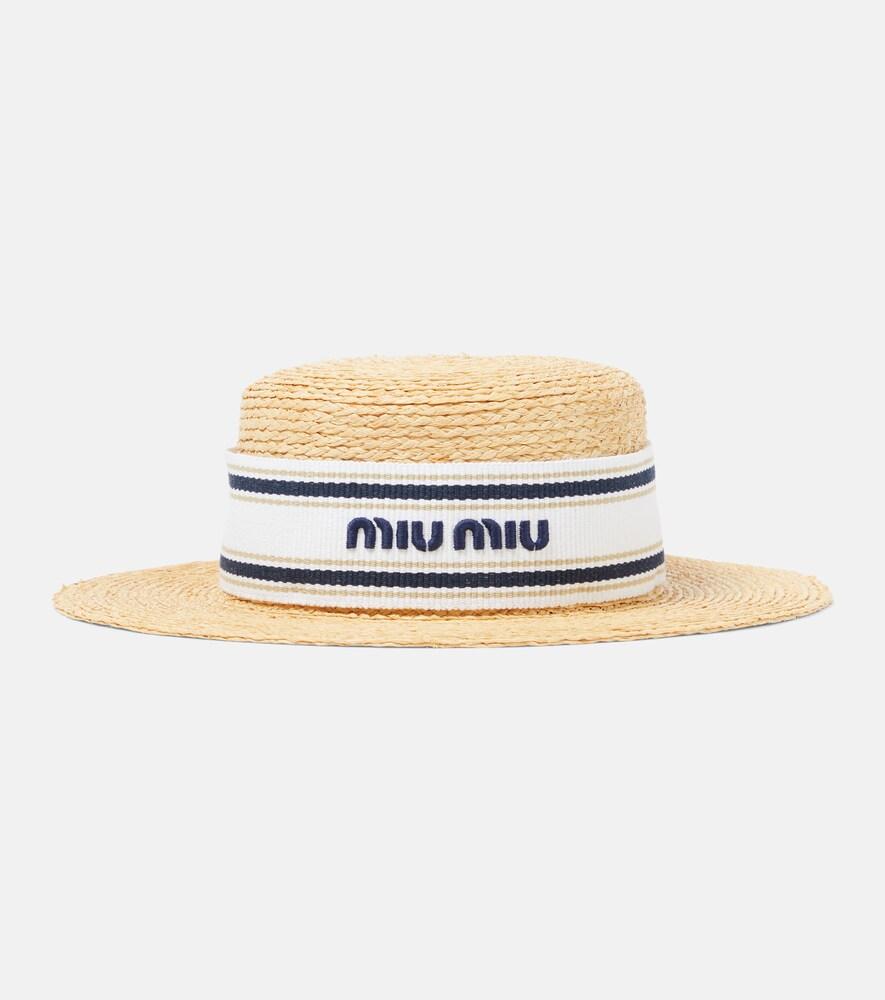 Miu Miu Logo Raffia Boater Hat in White | Lyst display picture 1
