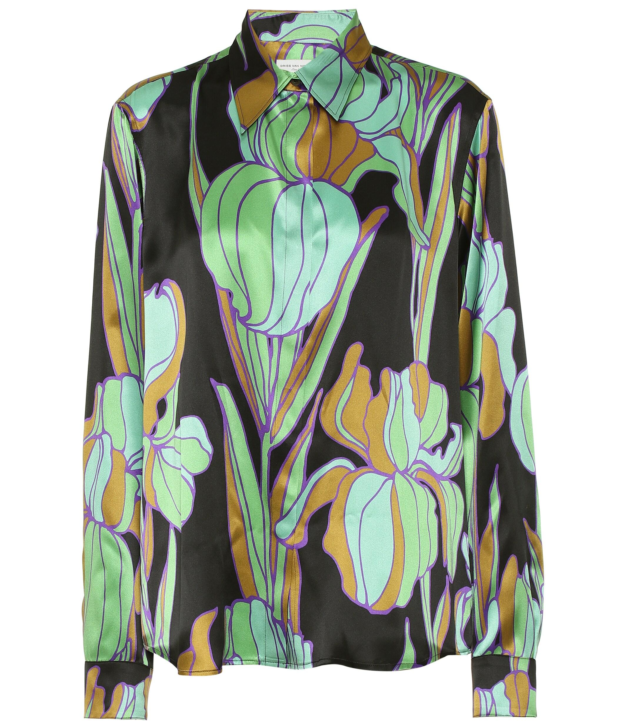 Dries Van Noten Floral Silk Satin Shirt in Green - Lyst
