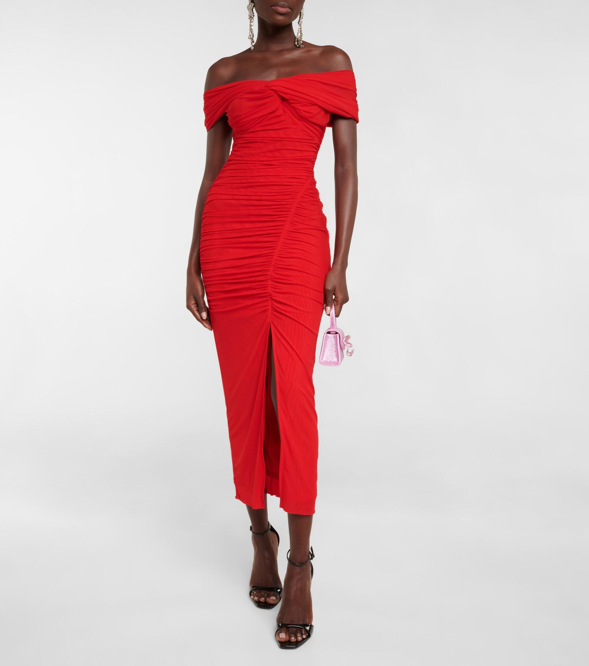 Self-Portrait Ruched Off-shoulder Midi Dress in Red | Lyst