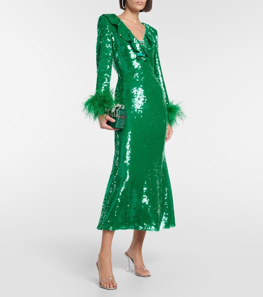 Self-Portrait Feather-Trimmed Sequined Midi Dress in Green | Lyst