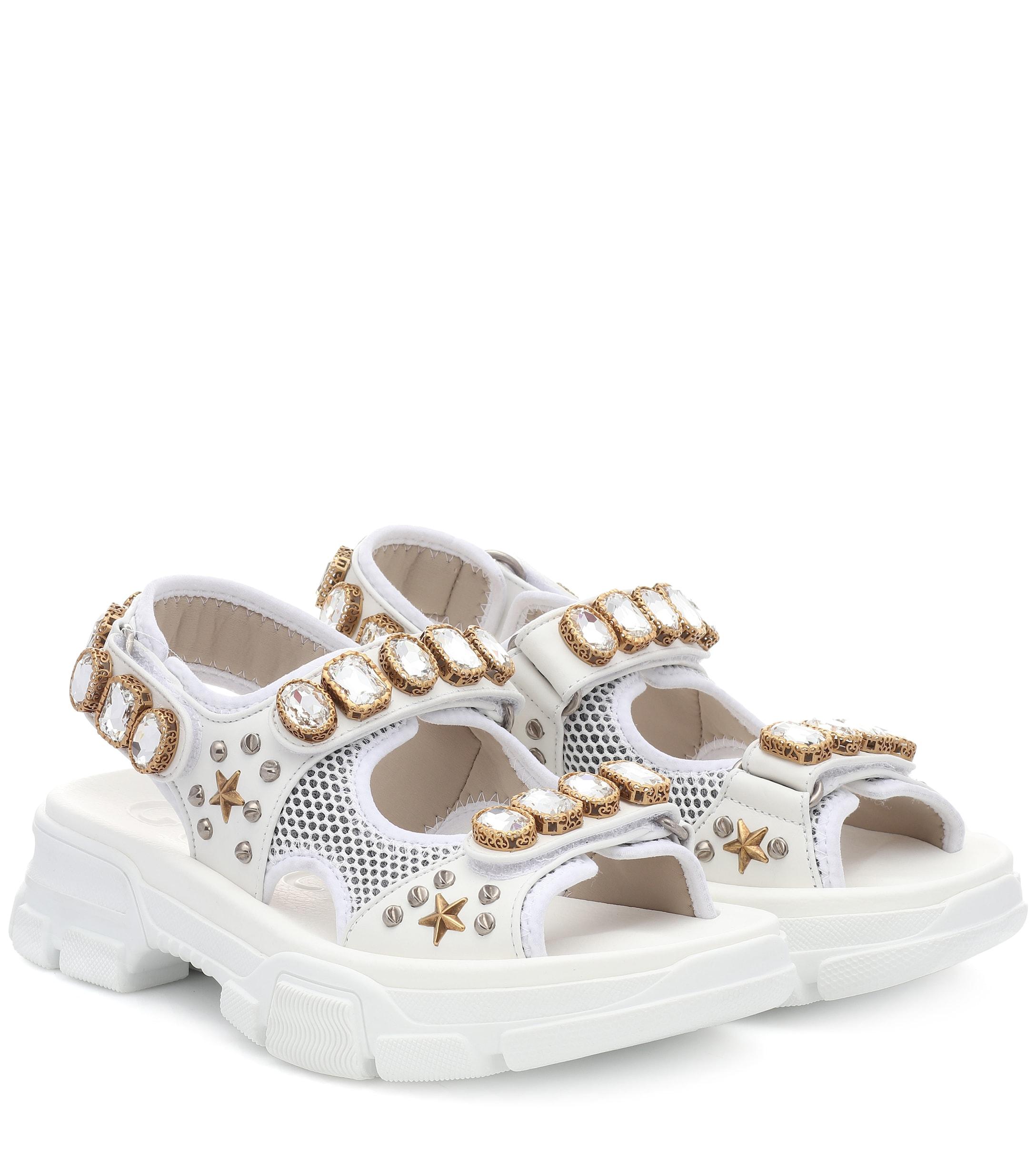 gucci leather and mesh sandal with crystals