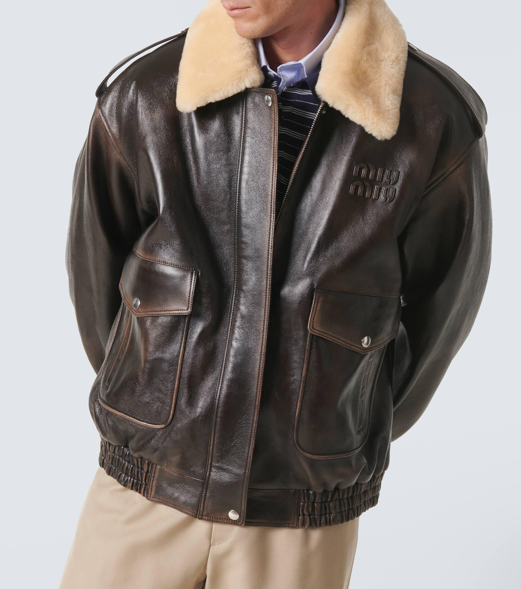 Miu Miu Shearling-Trimmed Leather Bomber Jacket in Black for Men