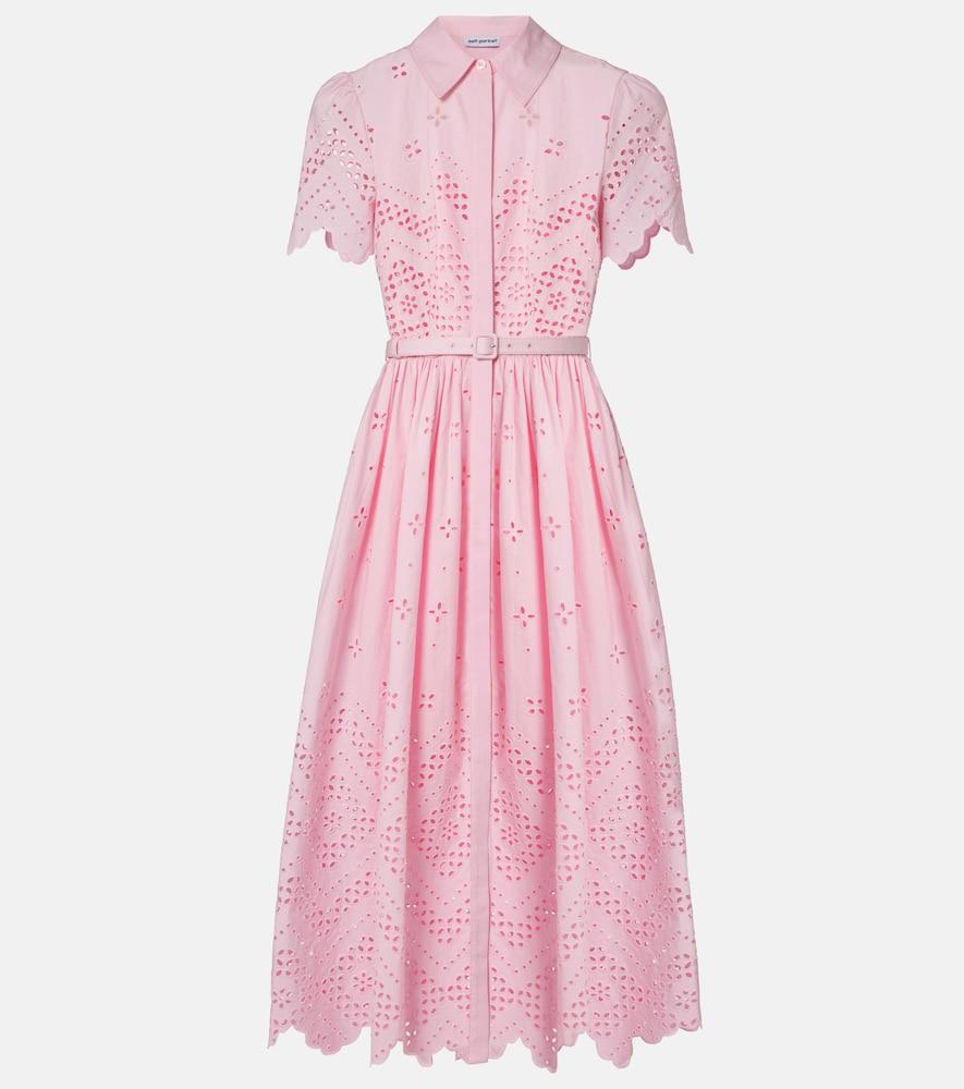 knee length dresses for ladies EMMELINE Puff-Sleeve Cut-out Broderie Midi Dress (Magenta Pink) – 1930  Clothing main image 1