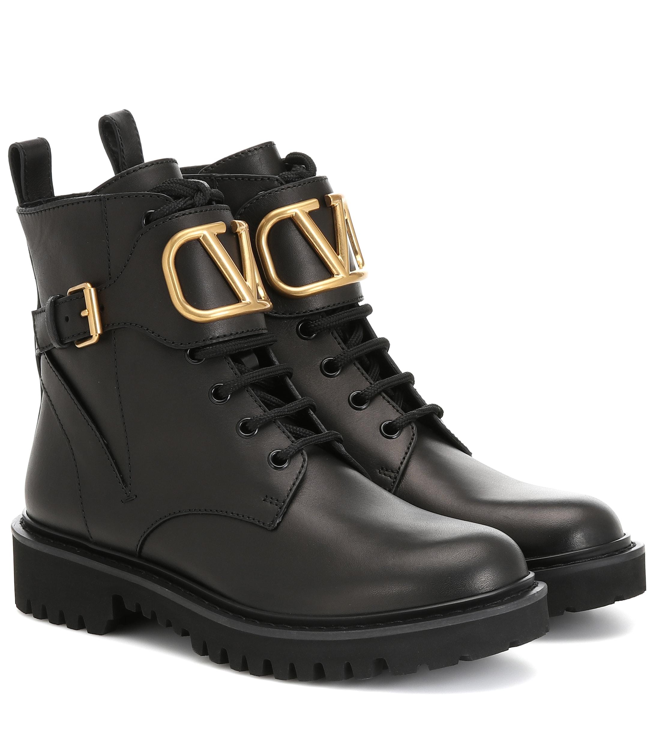 Valentino Garavani 'vlogo' Buckle Leather Combat Boots in Nero (Black ...