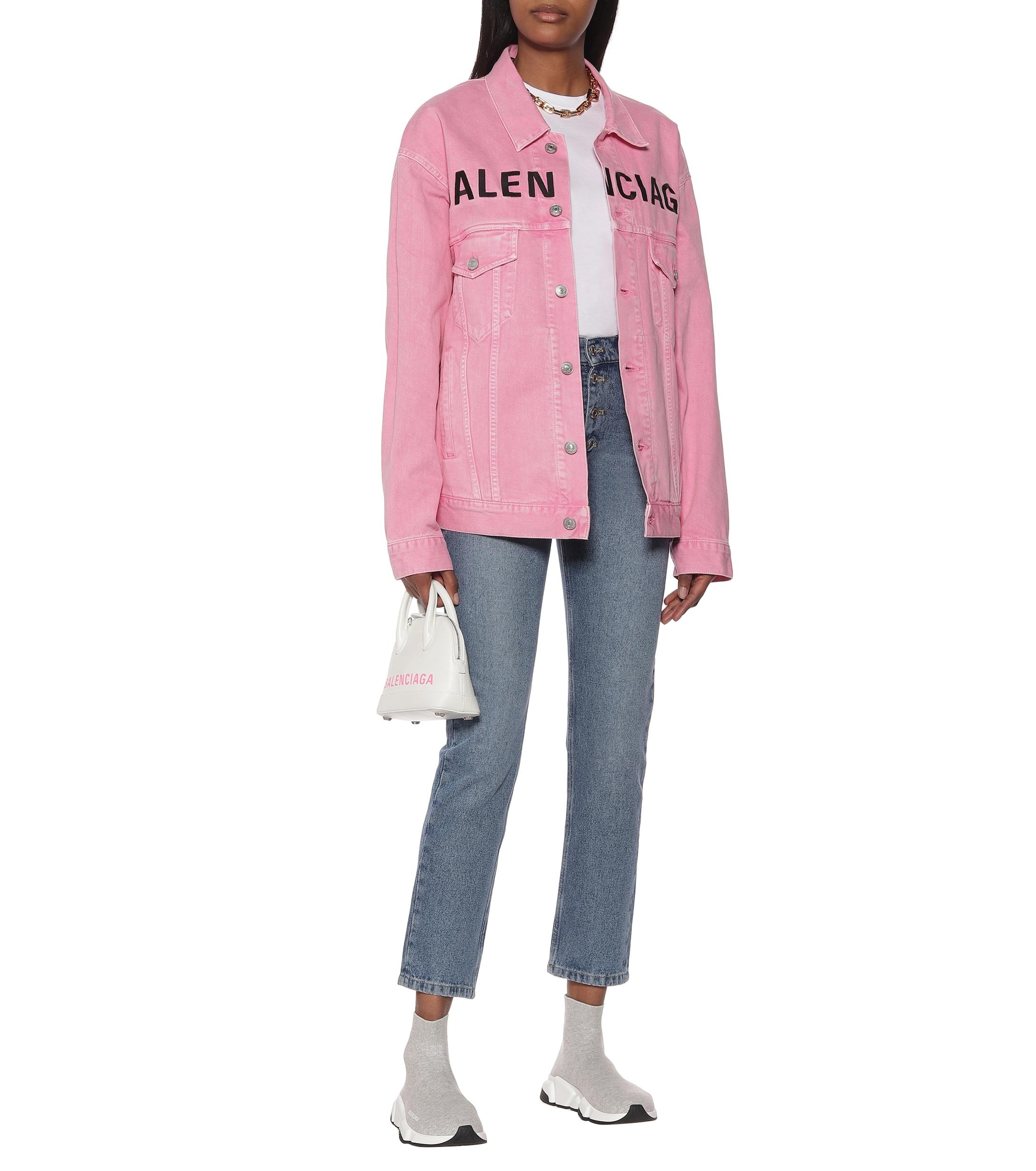 Balenciaga Embroidered Logo Denim Jacket in Pink | Lyst