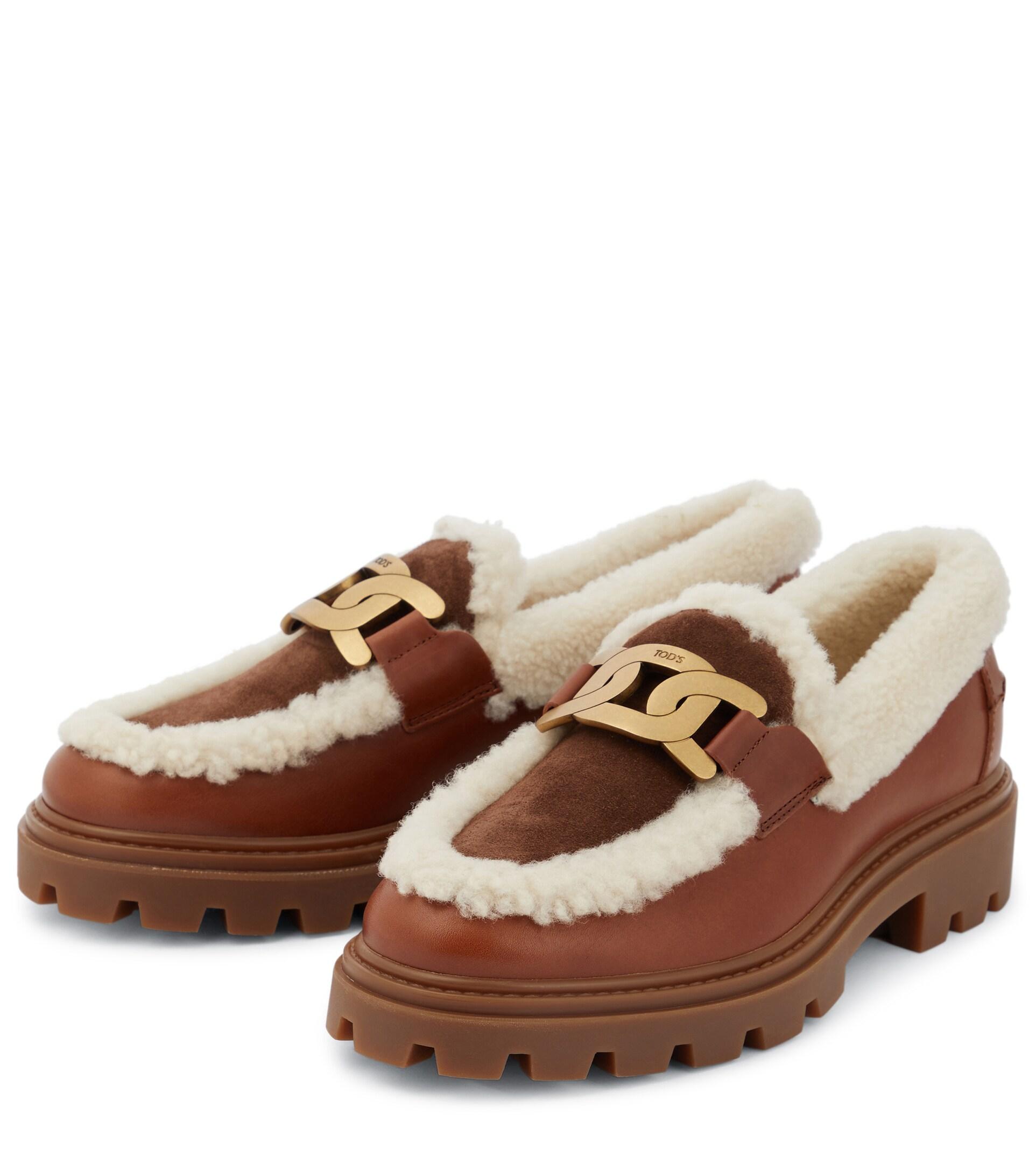 balance bande omfatte Tod's Kate Leather And Shearling Loafers in Brown | Lyst