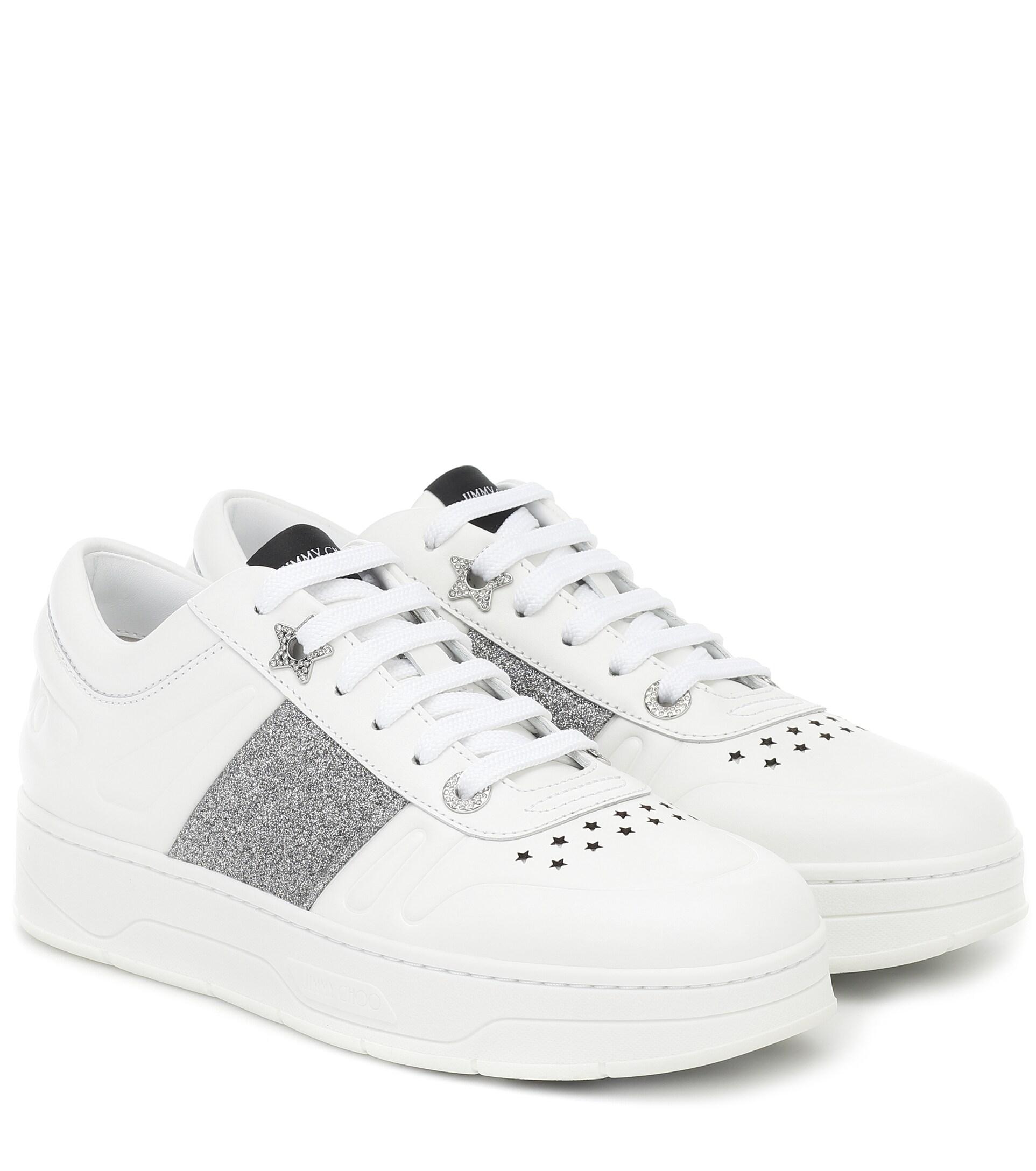 Jimmy Choo Hawaii/f Glitter-trimmed Leather Sneakers in White | Lyst